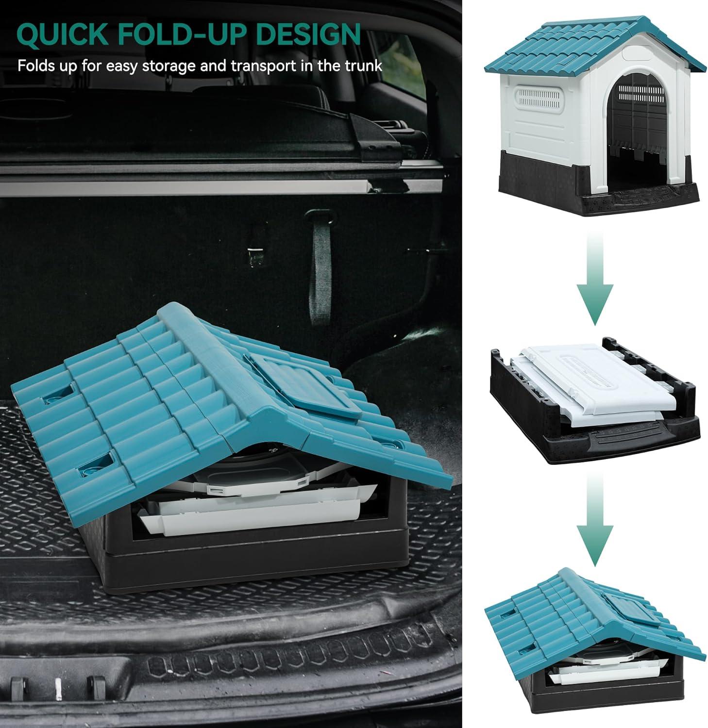 Dextrus Large Foldable Plastic Doghouse, 26.8''Lx22.4''Wx26''H Outdoor Plastic Dog House for Small Breeds with Adjustable Skylight and Elevated Floor