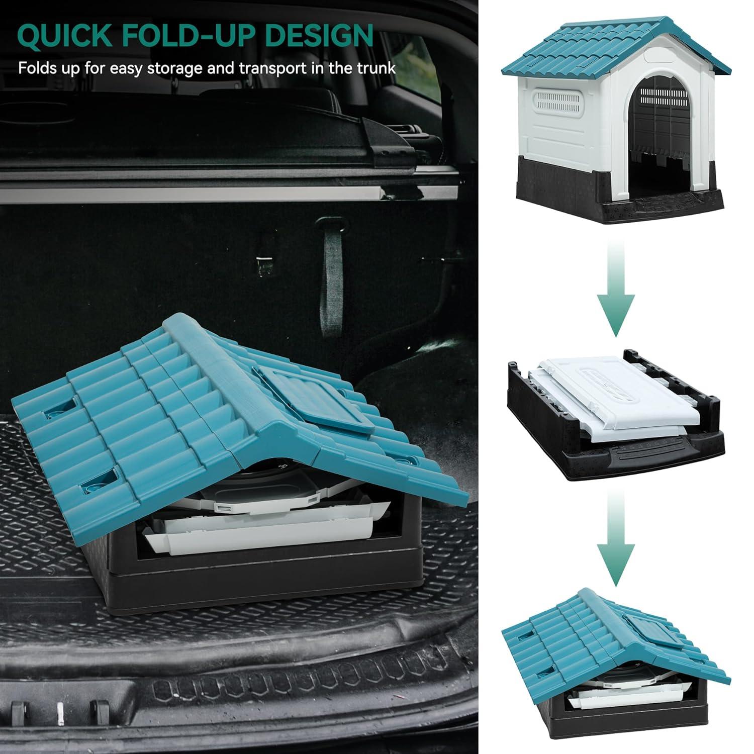 Dextrus Large Foldable Plastic Doghouse, 26.8''Lx22.4''Wx26''H Outdoor Plastic Dog House for Small Breeds with Adjustable Skylight and Elevated Floor