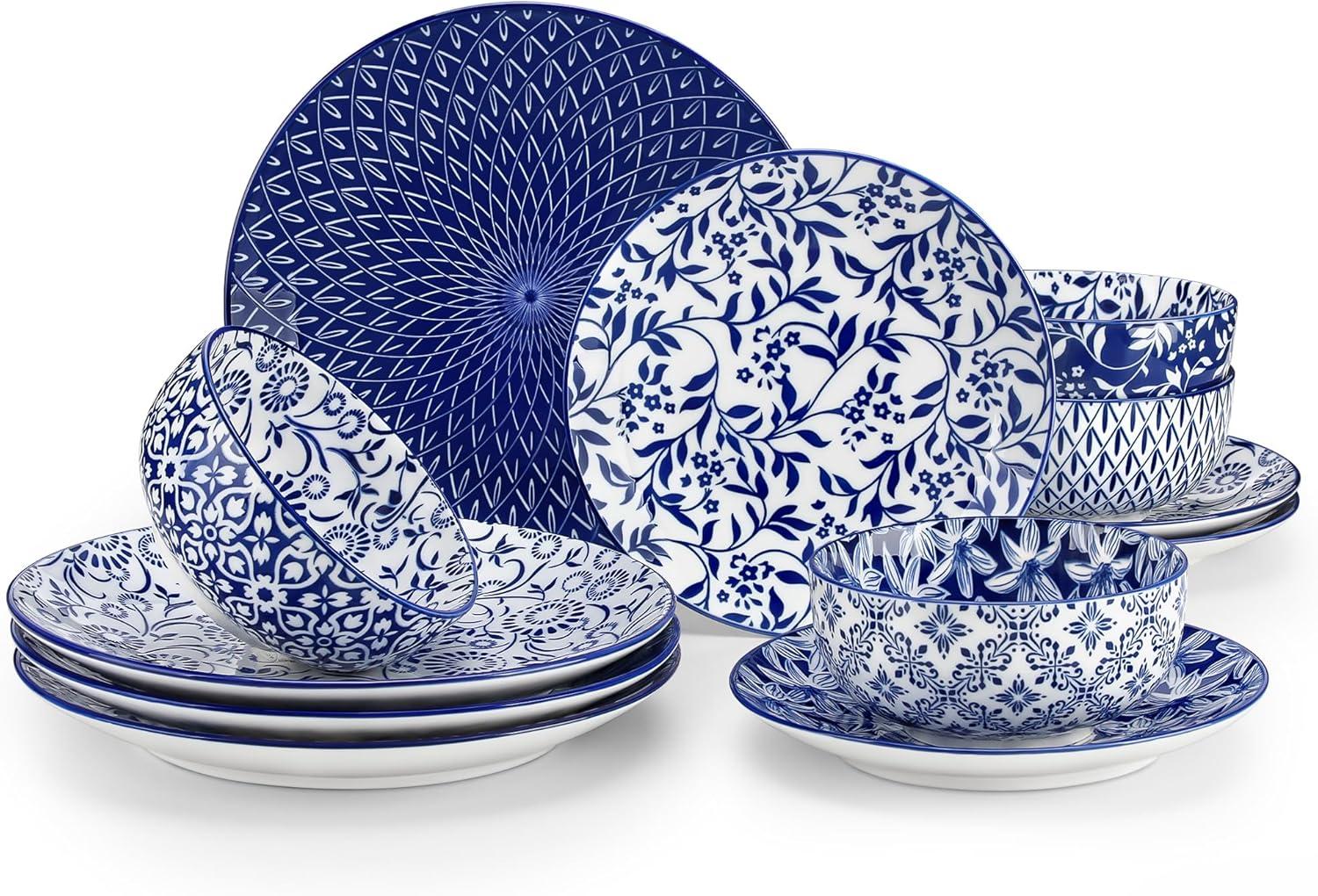 Selene Blue and White Floral Ceramic Dinnerware Set, Service for 4