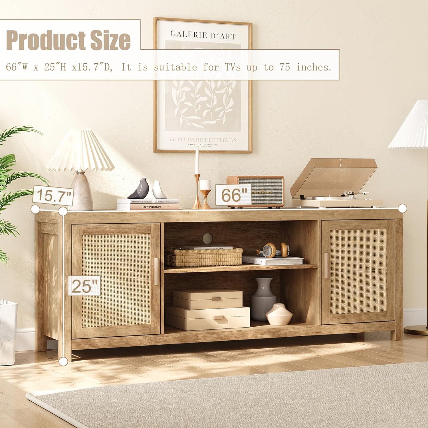 Whizmax Rattan TV Stand for 75 Inch, Boho Entertainment Center with 2-Tier Storage, Wooden Media Console Cabinet for Living Room Bedroom Natural Oak