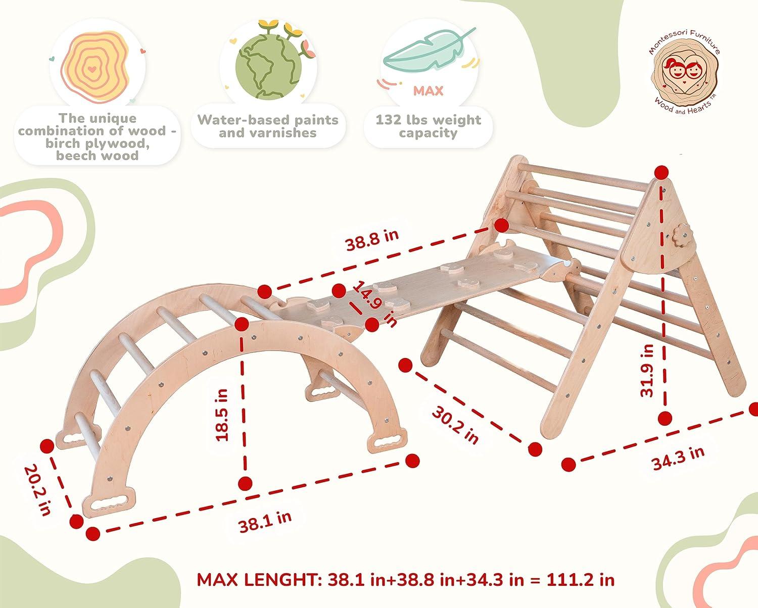 Natural Wood Montessori Climbing Set with Slide and Arch