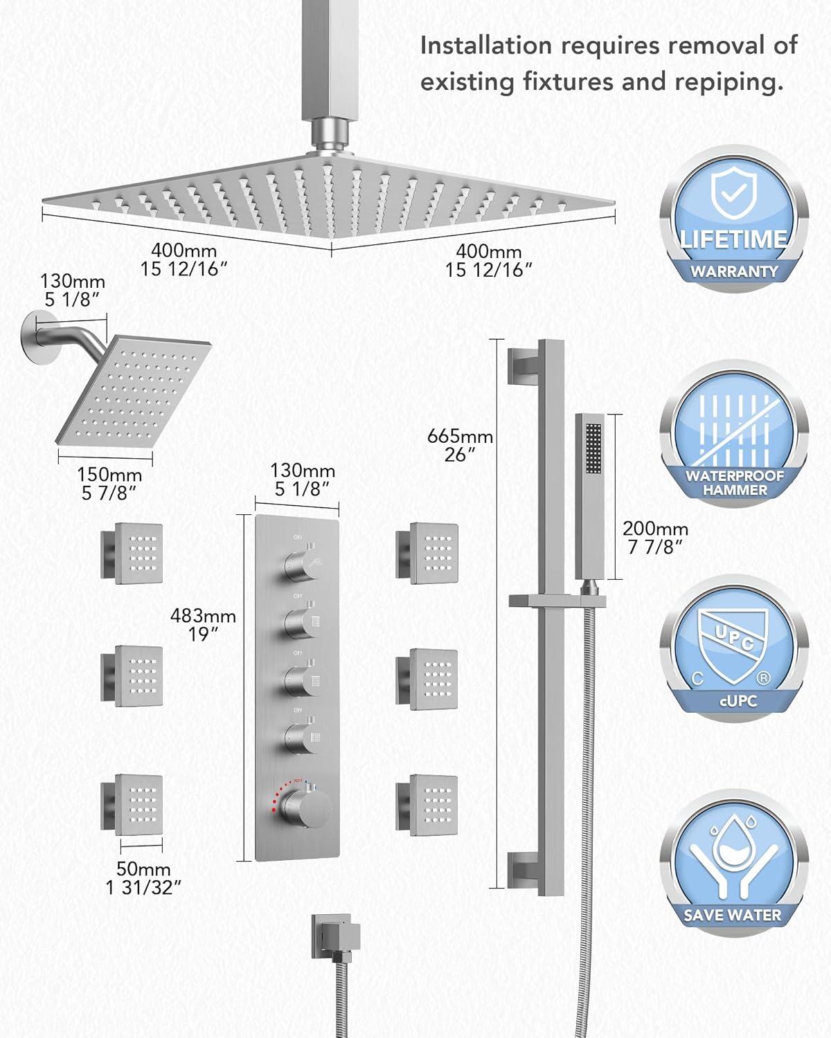 DualJetSpa 15-Spray Patterns 16" & 6" Dual Shower Head, Shower FaucetSystem with Thermostatic Rough-in Valve and Body Jets