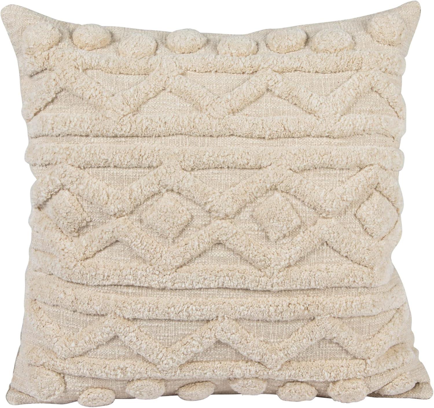 Ivory Cotton Slub Throw Pillow with Geometric Tufting