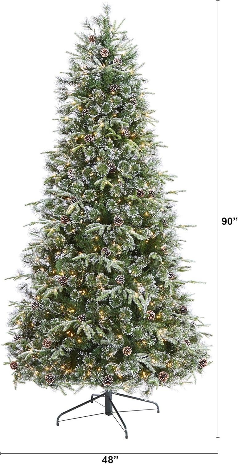 Nearly Natural 7.5-ft Snowed Tipped Clermont Mixed Pine Artificial Christmas Tree with 600 Clear LED Lights, Pine Cones and 1784 Bendable Branches