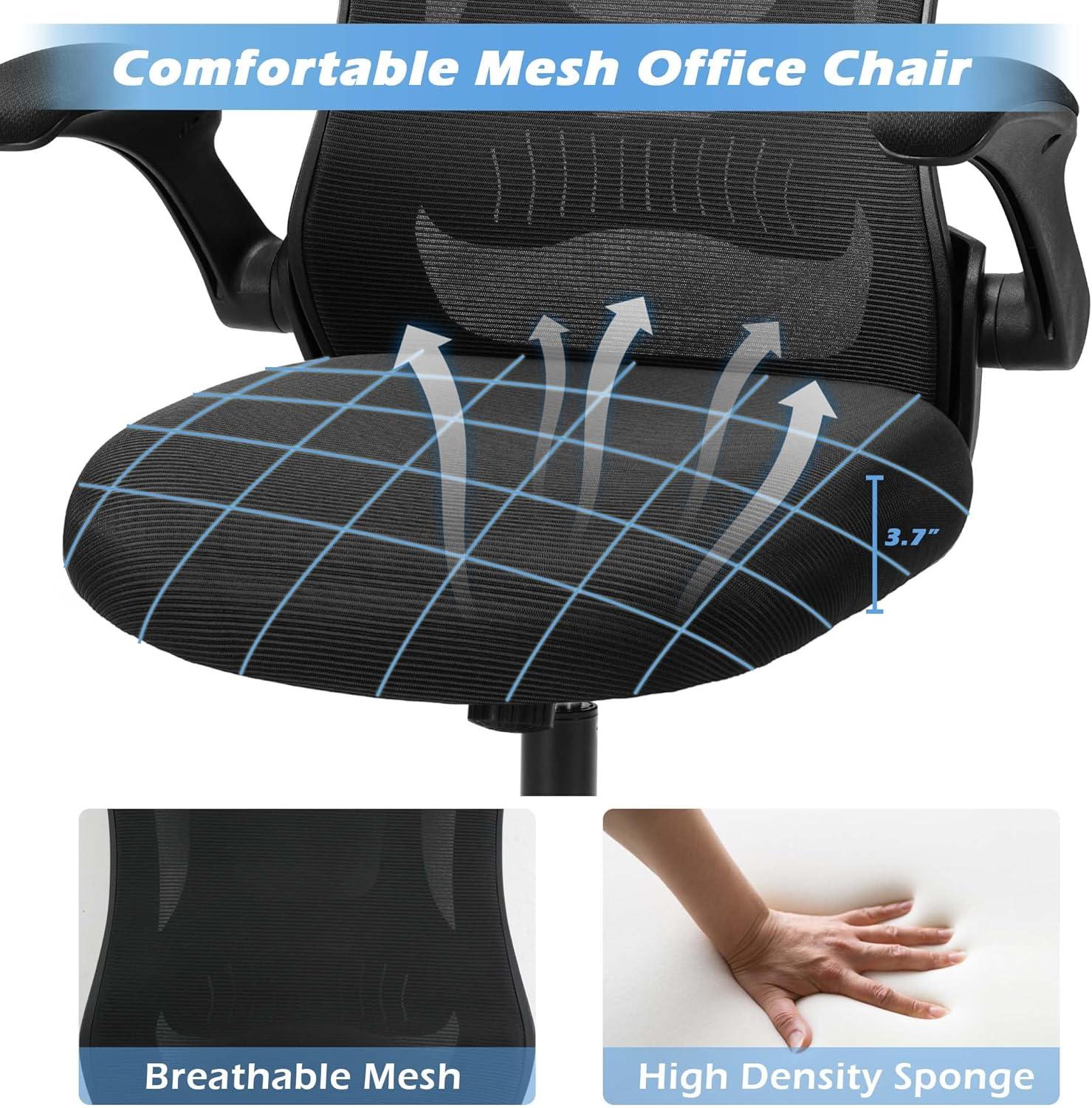 PrimeZone Ergonomic Office Desk Chair - Comfy Mesh Computer Chair with Flip-up Arms & Lumbar Support & Headrest & Tilt Function, Big and Tall High Back Chair for Home Office, 300 lbs Capacity, Black