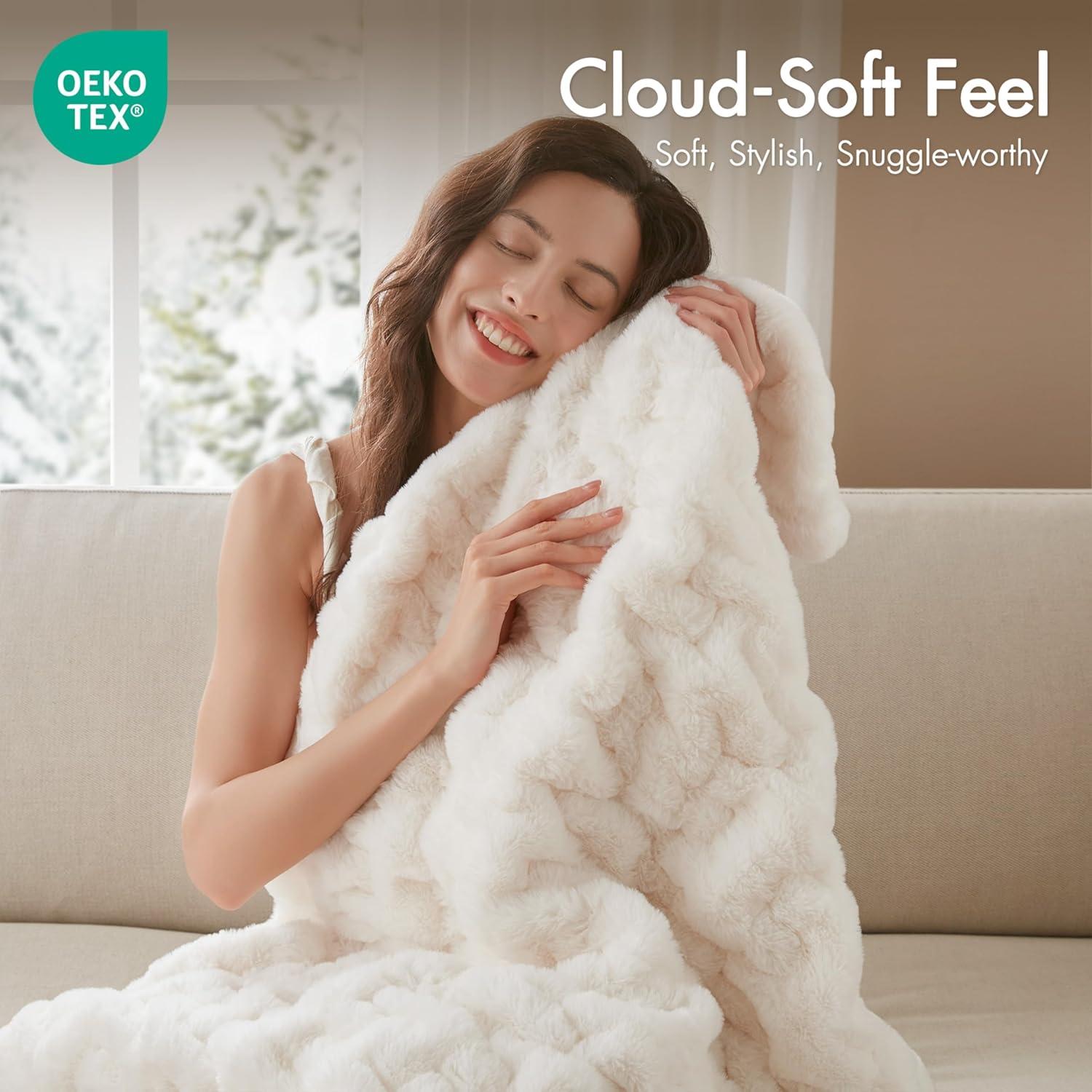 Madison Park Ivory Ruched Fur Throw 50x60"