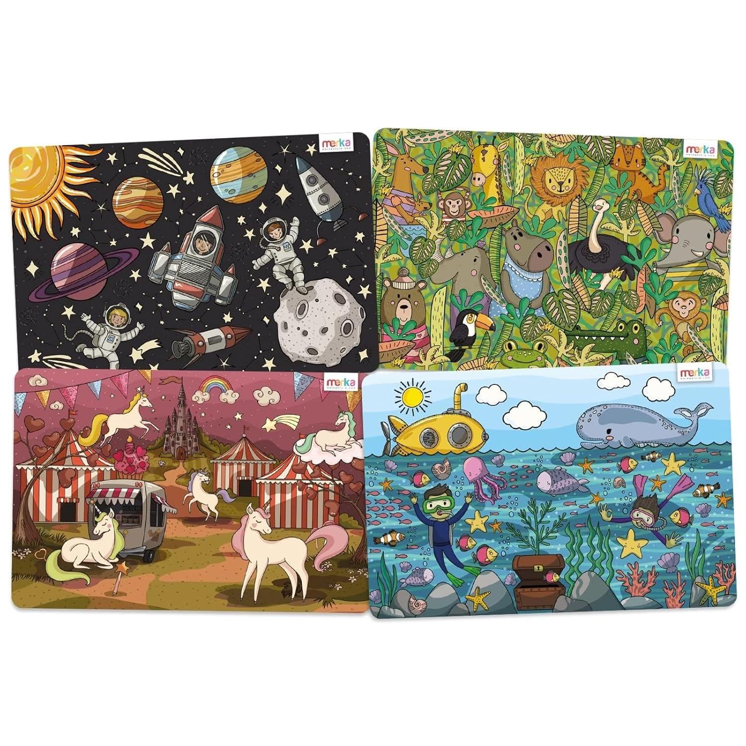 merka Kids Wipeable Plastic Placemats for Dining Table - Ocean, Space, Jungle, Unicorns for Ages 2 and Up, Set of 4
