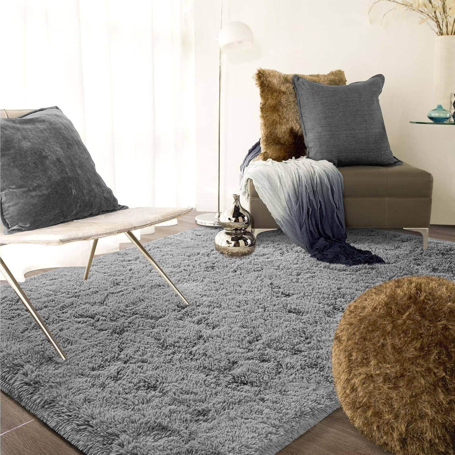 Ompaa Soft Fluffy Area Rug for Living Room Bedroom, 5x8 Grey Plush Shag Rugs, Fuzzy Shaggy Accent Carpets for Kids Girls Rooms, Modern Apartment Nursery Dorm Indoor Furry Decor