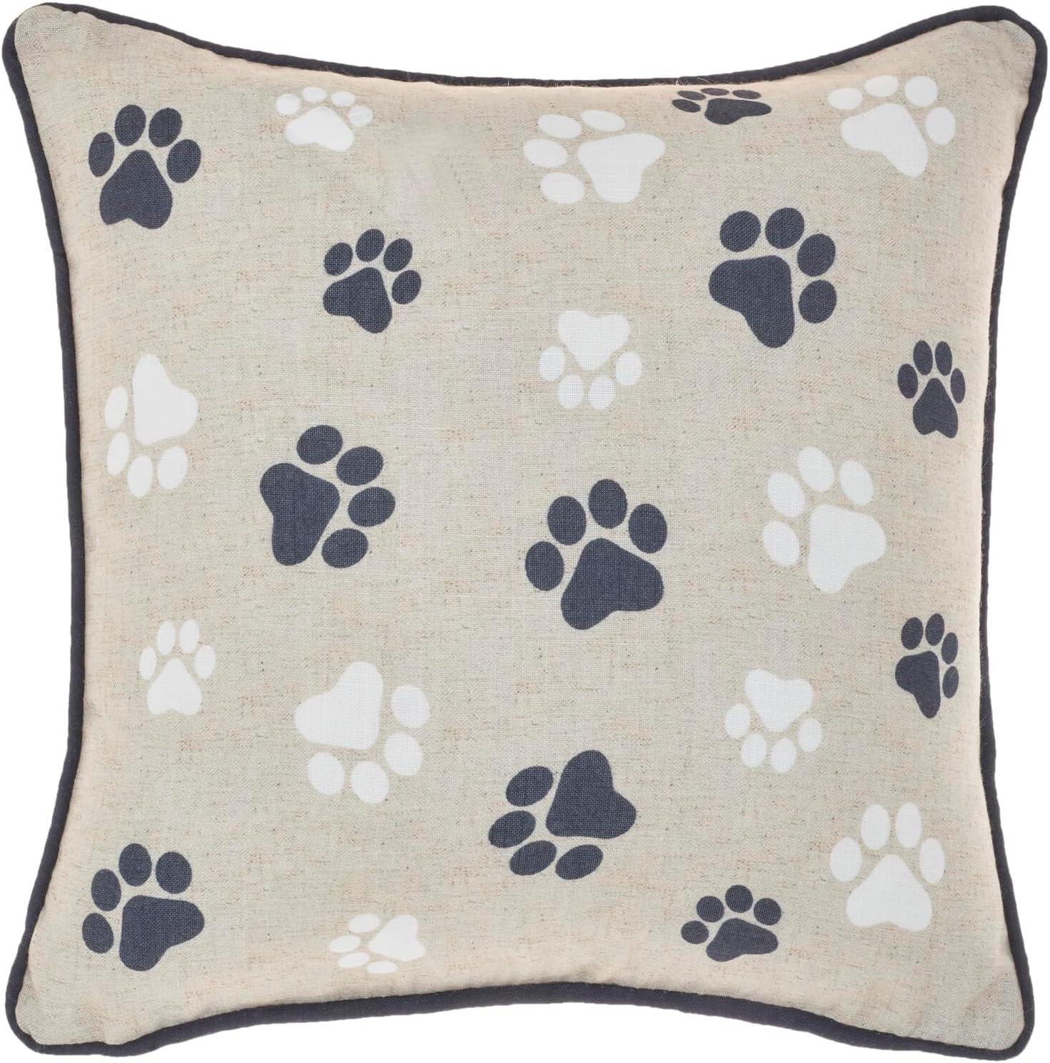 Black and Beige Canvas Paw Print 14" Square Throw Pillow