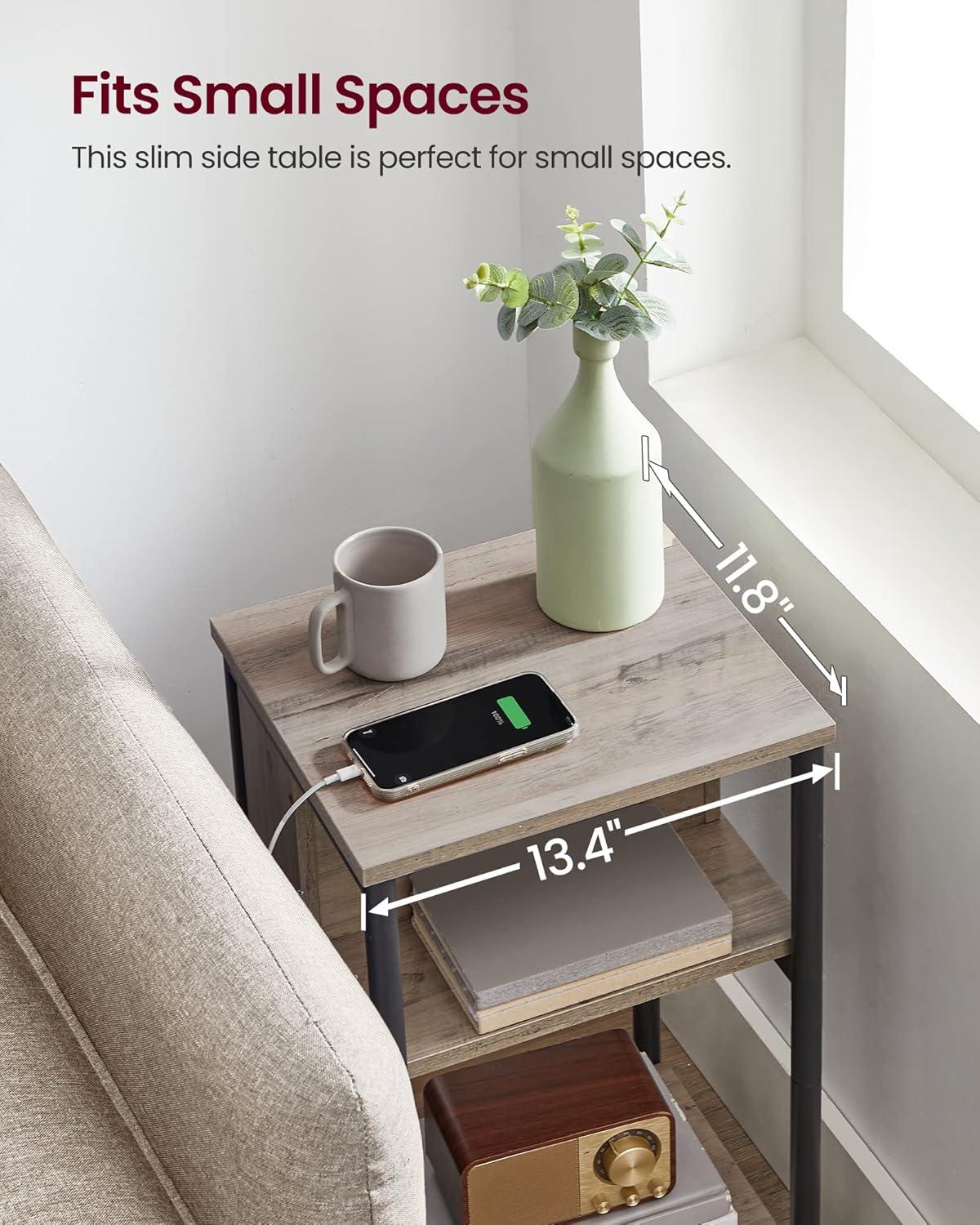 Greige and Black Metal 3-Tier Side Table with Charging Station