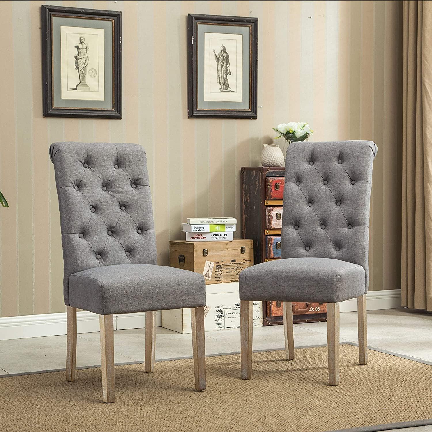 Elegant Gray Linen High-Back Parsons Side Chair Set with Oak Finish