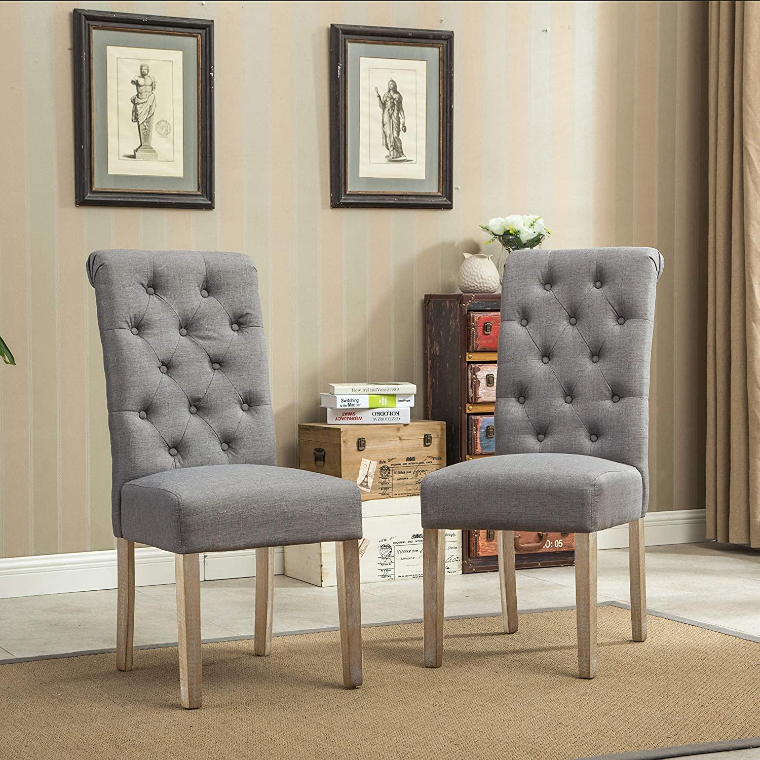 Roundhill Furniture Habit Solid Wood Tufted Parsons Dining Chair, Grey, Set of 2