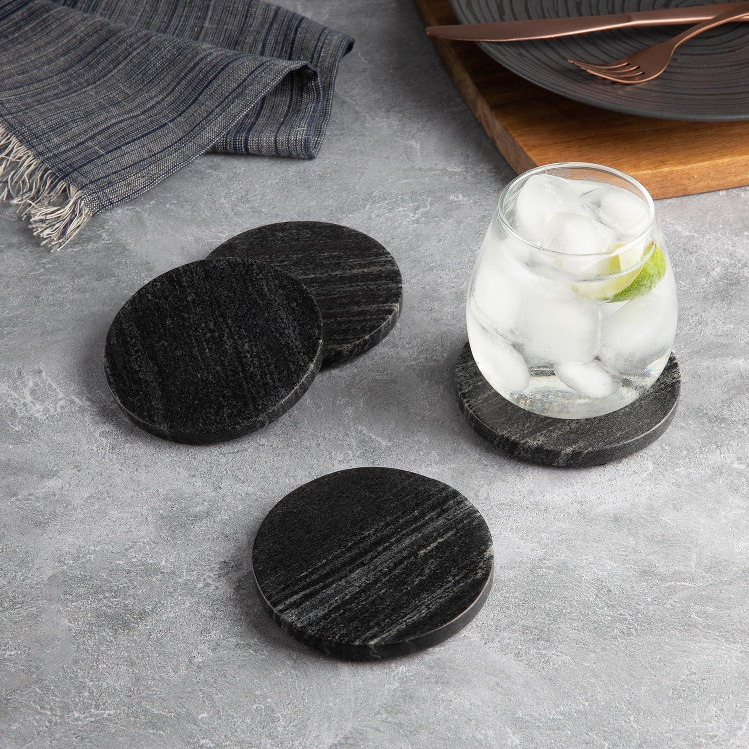 Thirstystone Round Natural Black Marble Coaster Set 4-Pack 4.5" Diameter