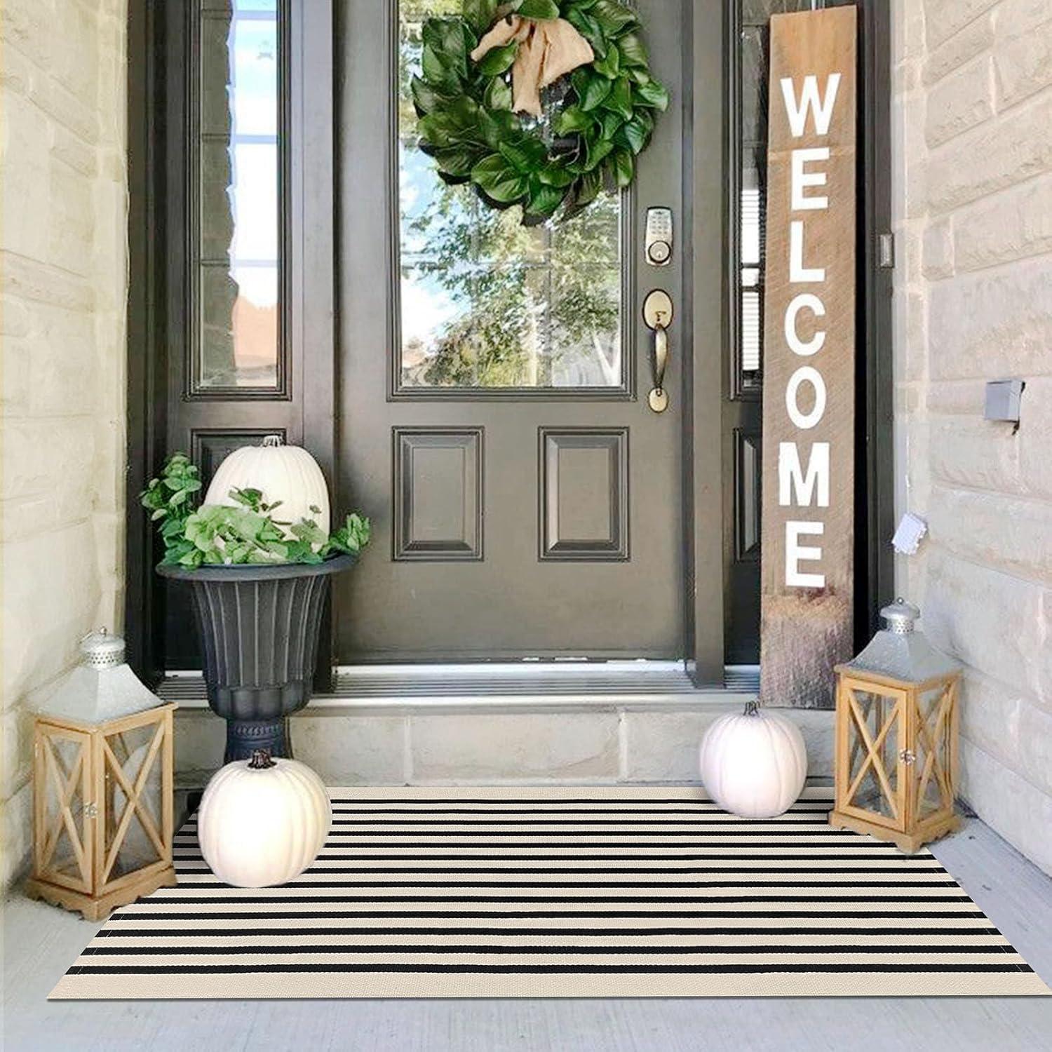 IOHOUZE Navy and White Striped Rug 2'x3' Front Door Rugs, Small Washable Area Rug for Front Porch, Spring Summer Doormats Outdoor Indoor, Cotton Rugs for Entryway Porch Entrance