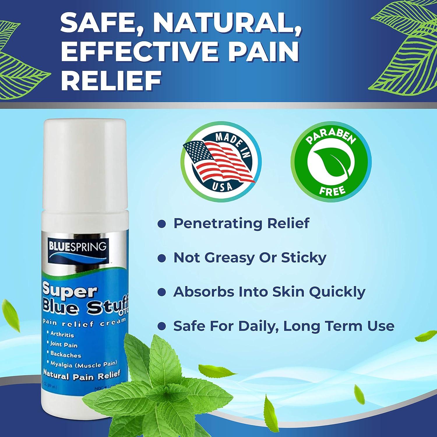BlueSpring Super Blue Stuff Natural Pain Relief Cream - OTC Fast Action Relief 3-oz roll-on