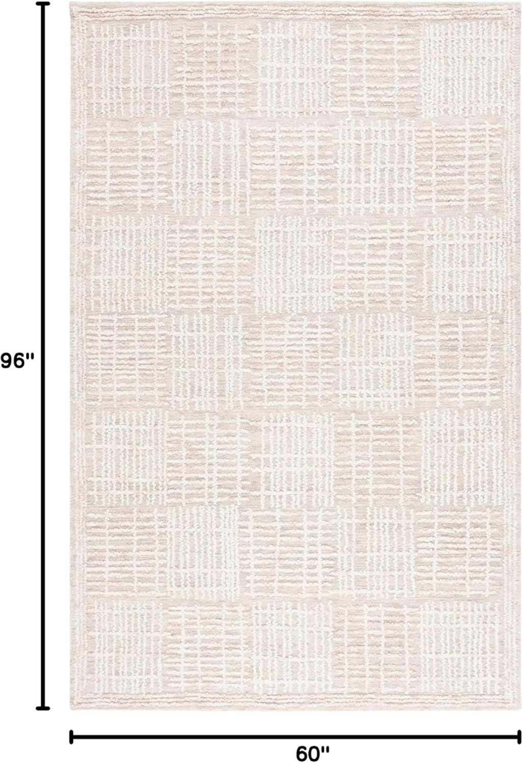 Ivory Abstract Handmade Wool Tufted Rectangular Rug, 5' x 8'