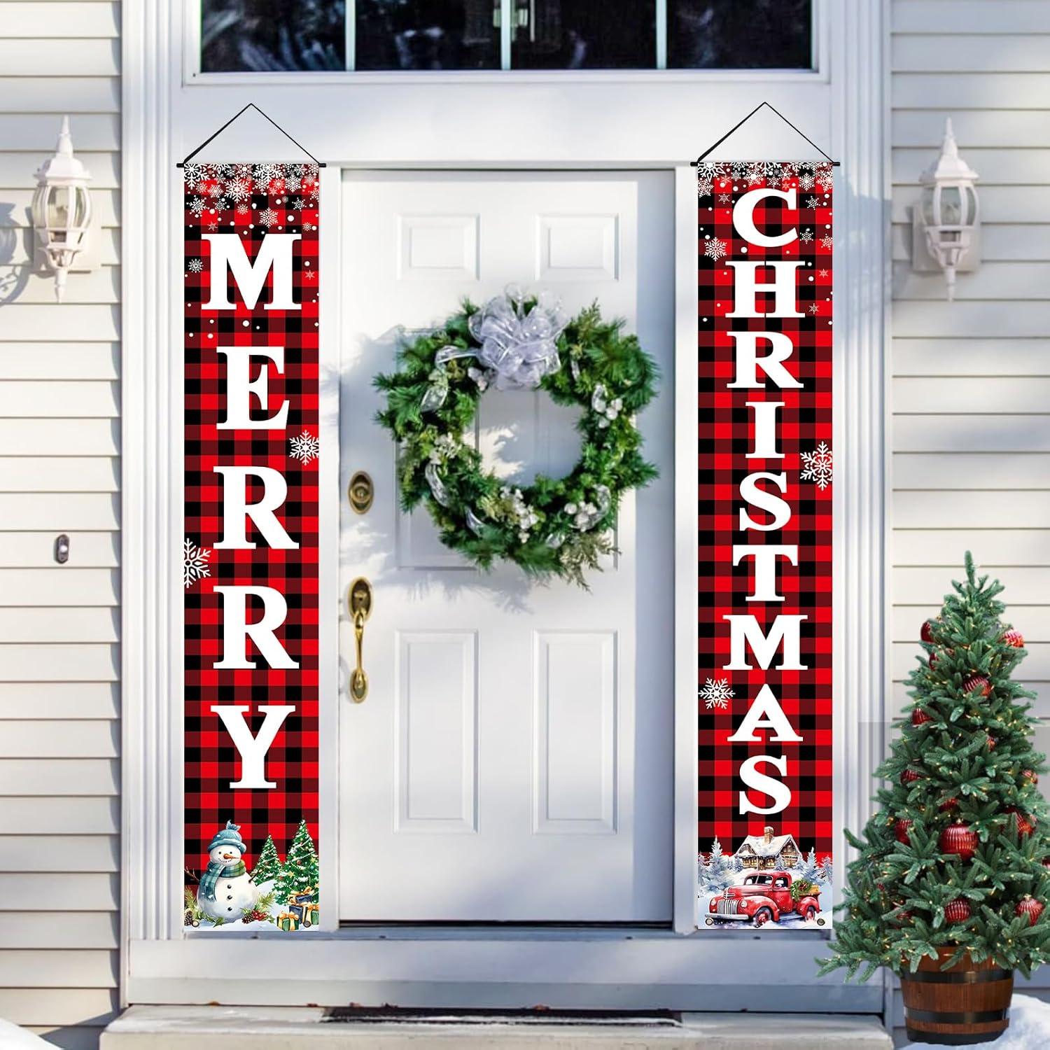 Christmas Decorations Outdoor Yard Front Porch Sign Set, Red Black Buffalo Plaid Door Banner, Hanging Merry Christmas Decorations for Home, Indoor Outdoor Xmas Decor Wall Front Door Yard Garage