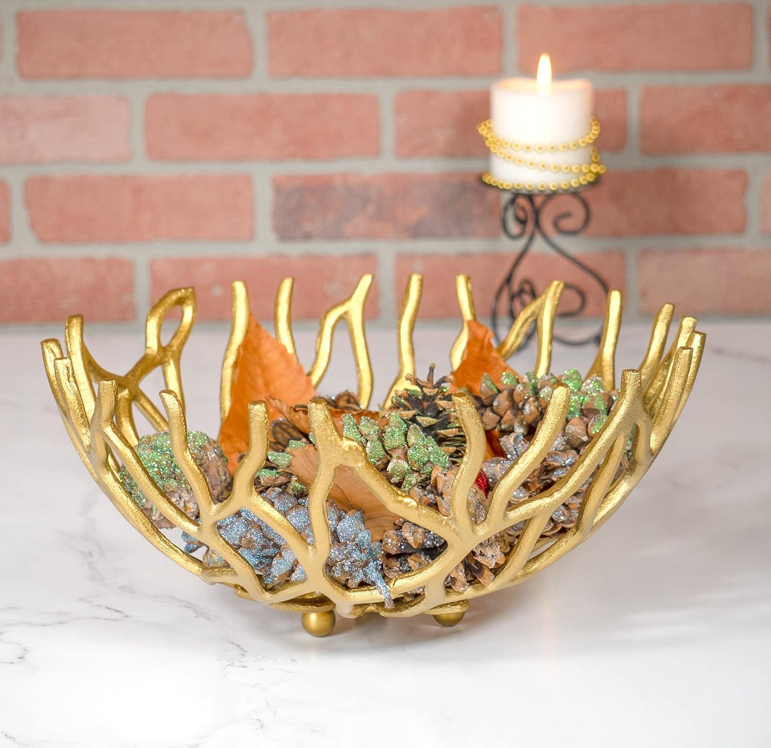 Golden Aluminum Coral Branch Decorative Centerpiece Bowl