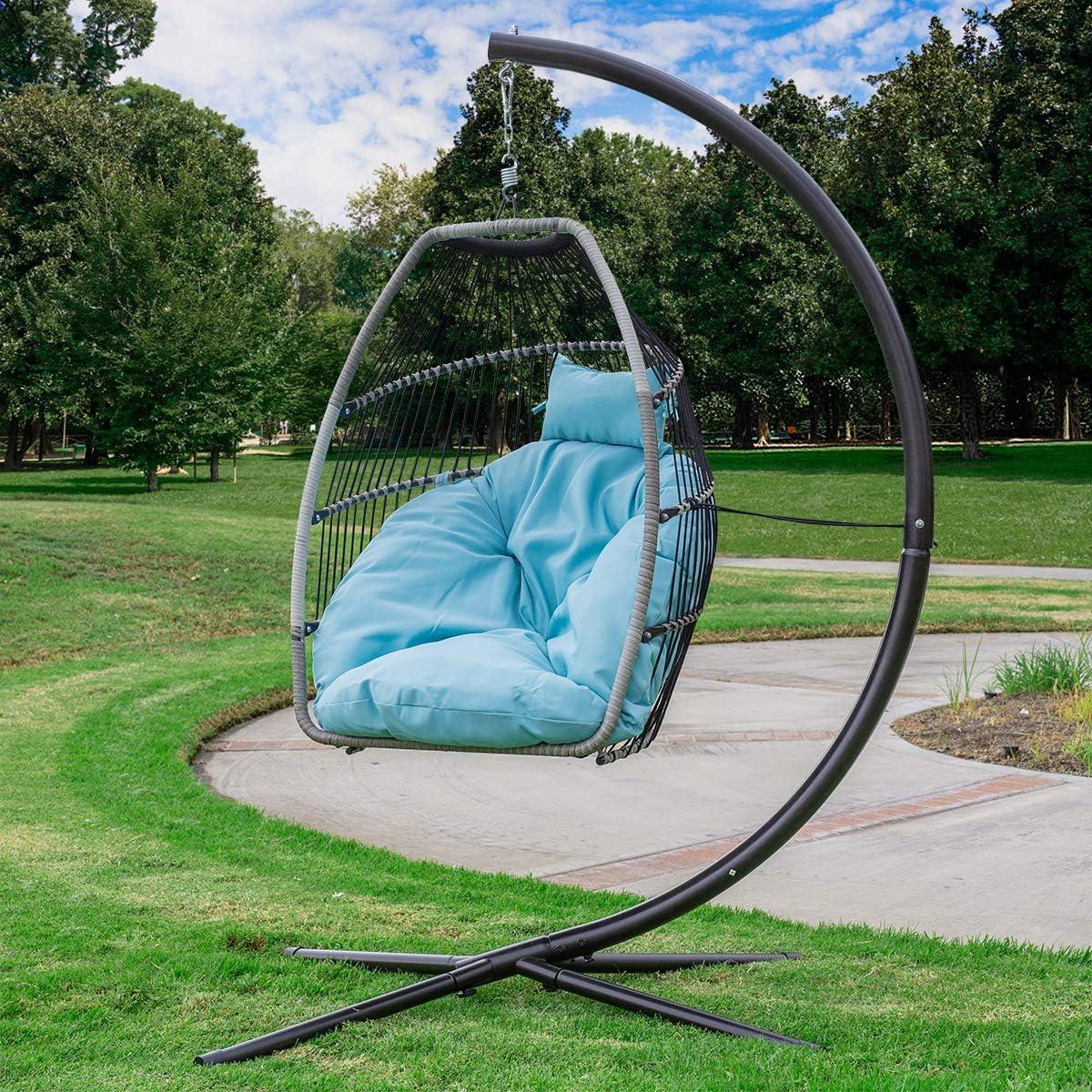 Barton Hanging Egg Swing Chair Fluffy Cushion Outdoor swings for adults egg swings with stands, Blue