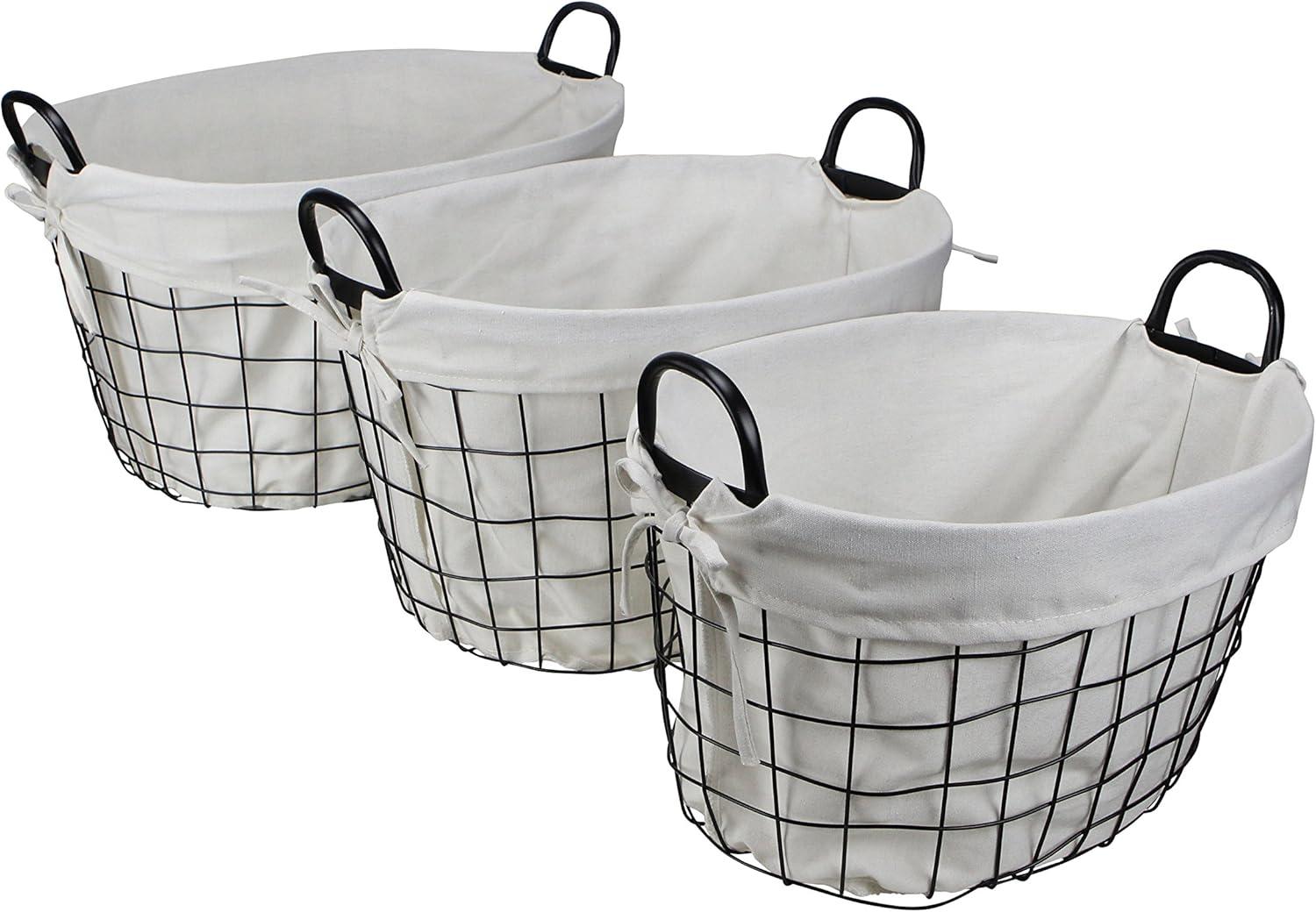 Cheungs Set Of 3 Lined Metal Wire Oval Basket With Handle