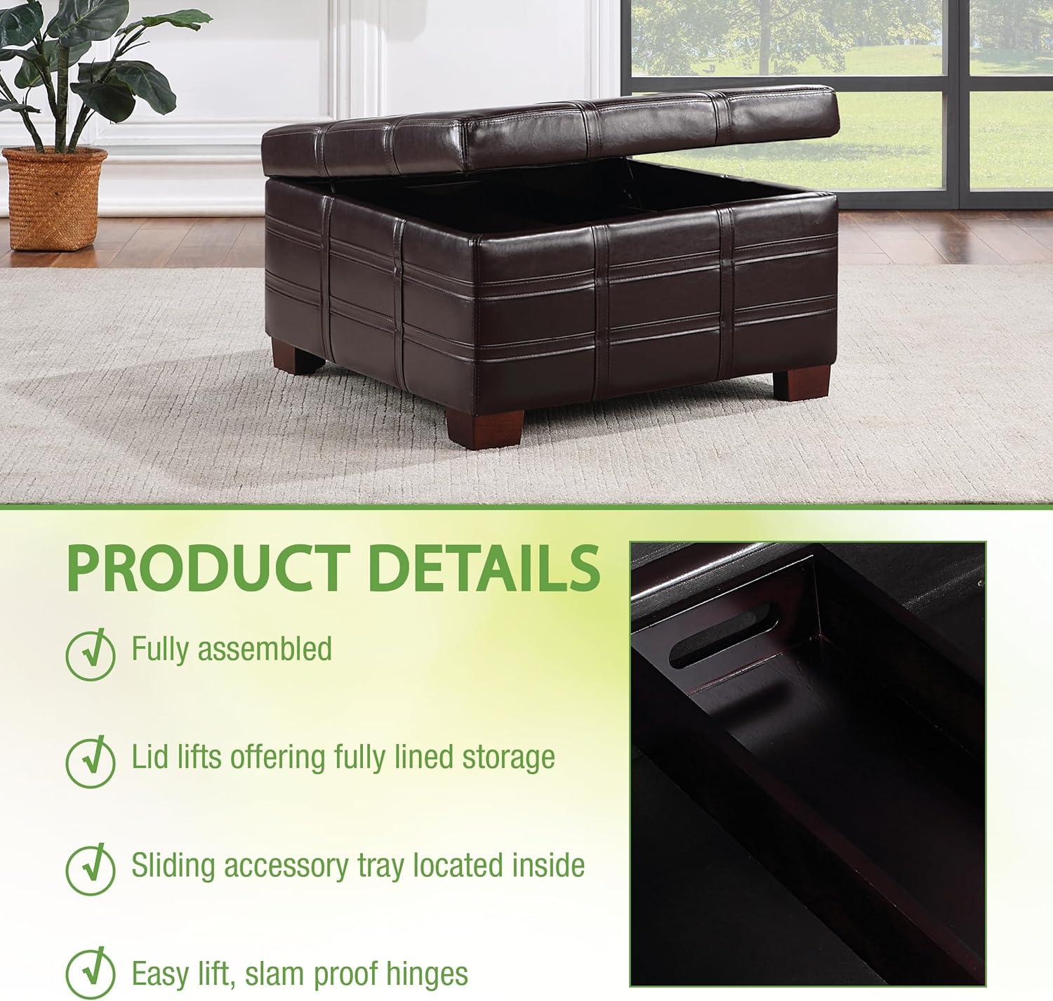 Detour Strap Square Storage Ottoman in Espresso Faux Leather