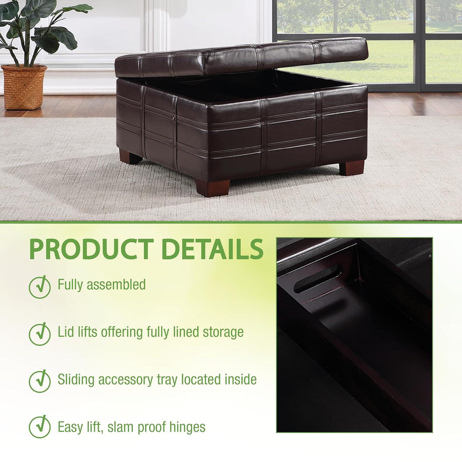 Detour Strap Square Storage Ottoman in Espresso Faux Leather