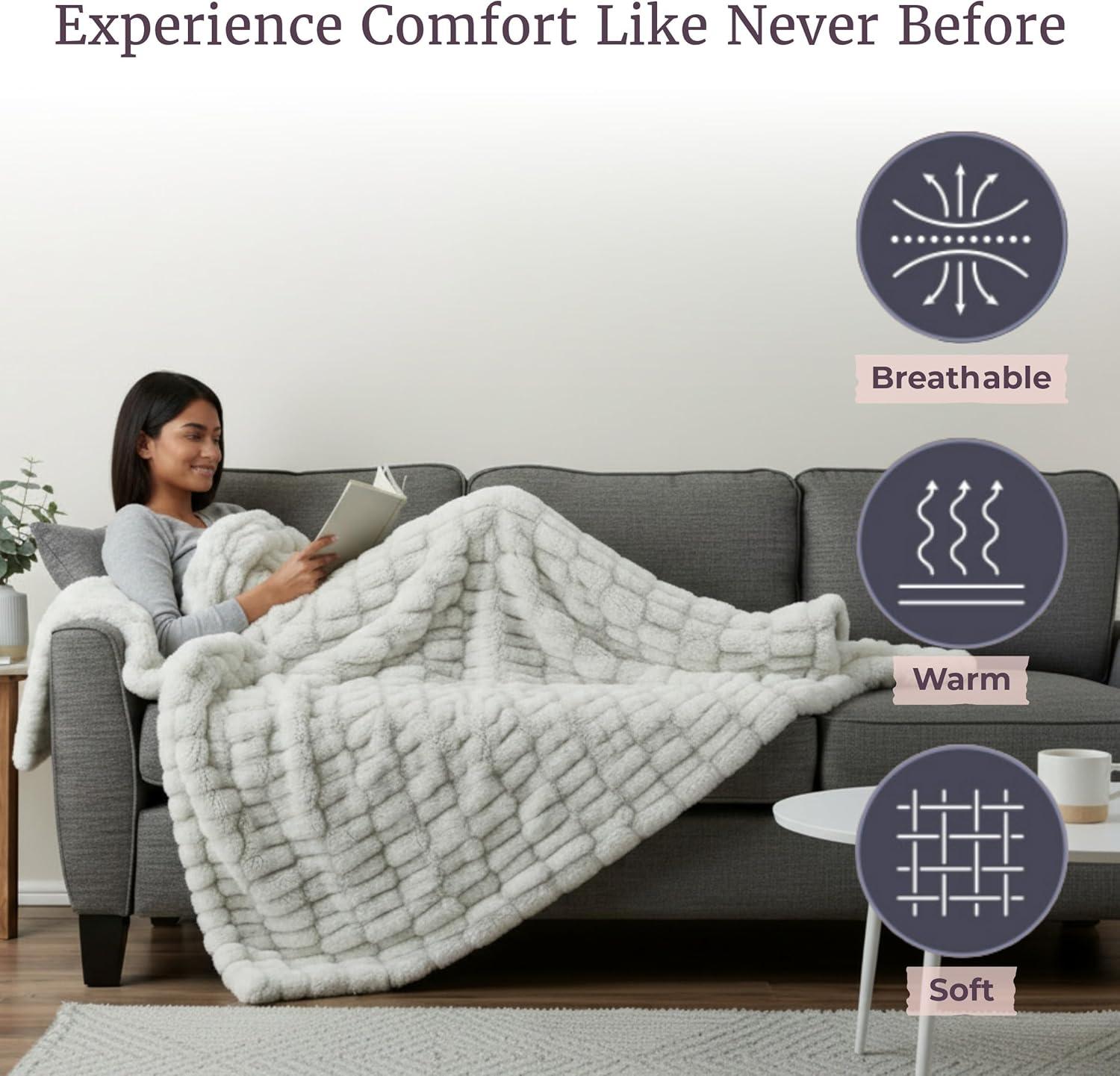 Oversized Ruched Faux Fur Blanket - 60x80-Inch Jacquard Faux Fur Queen-Size Throw for Sofas and Beds - Luxurious Bedding by Lavish Home