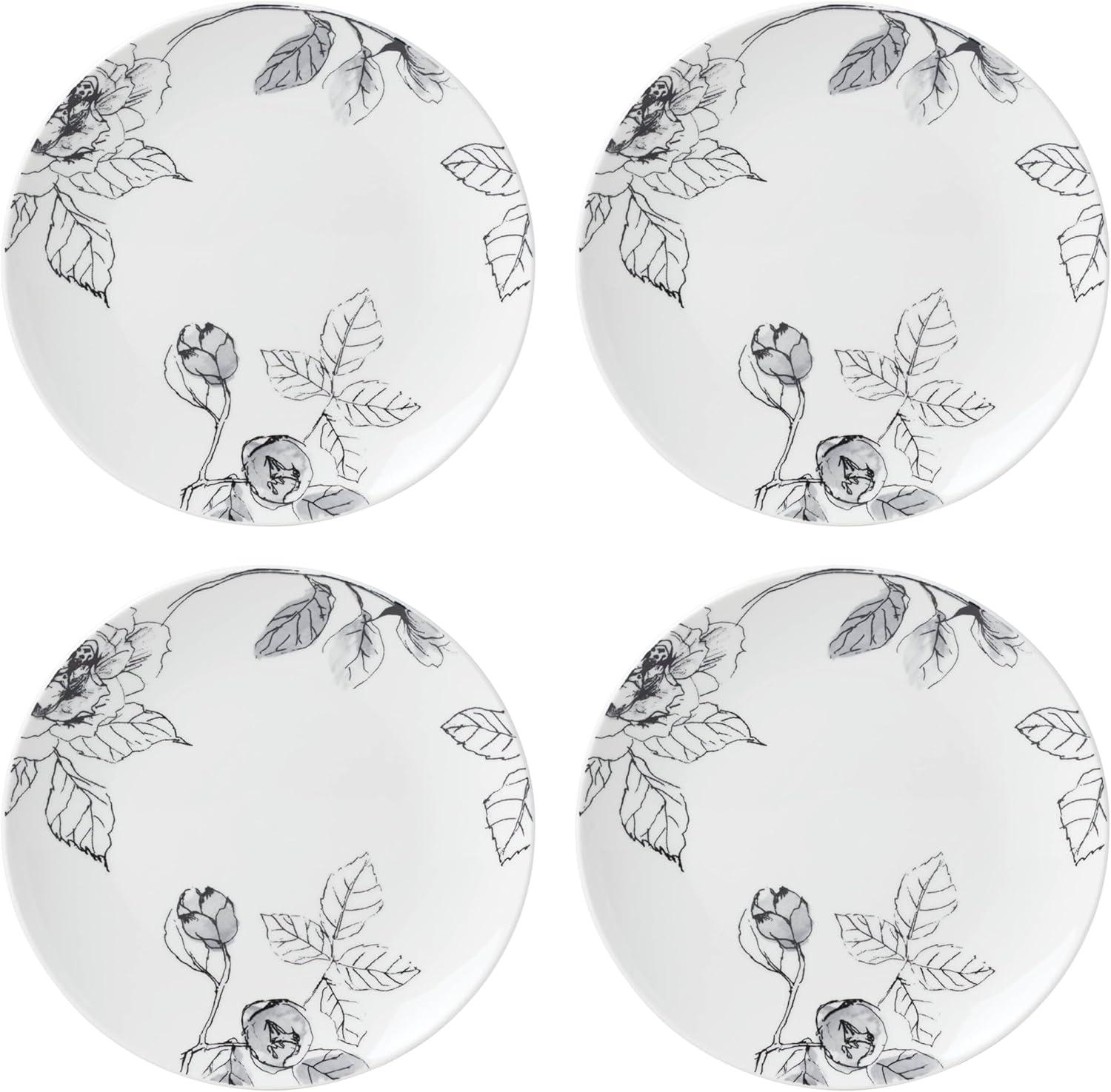 Oneida 12pc Sketchbook Dinnerware Set Gray/White: Porcelain, Floral Pattern, Service for 4, Includes Plates & Bowls