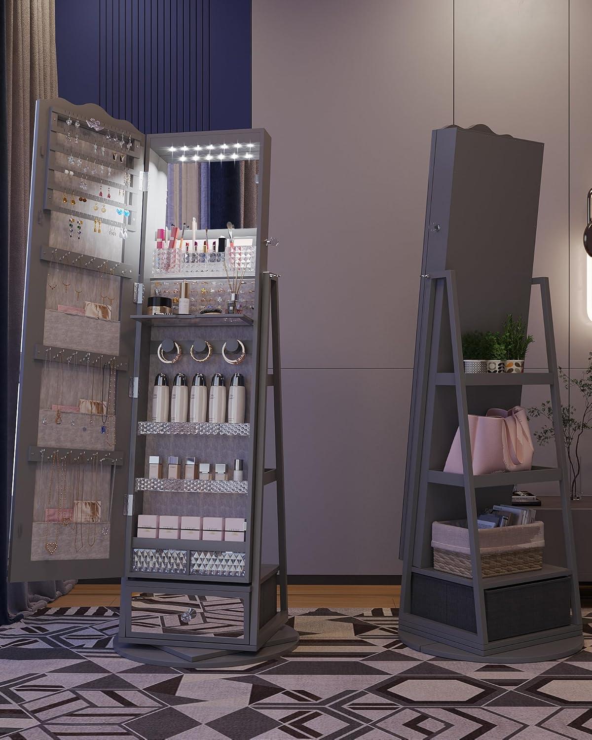 HWB 360° Rotating Jewelry Armoire with 53'' Full Length Mirror, Standing Lockable Jewelry Cabinet Organizer with Lights, Built in Makeup Mirror, Large Storage Capacity with Drawer&Shelves Grey