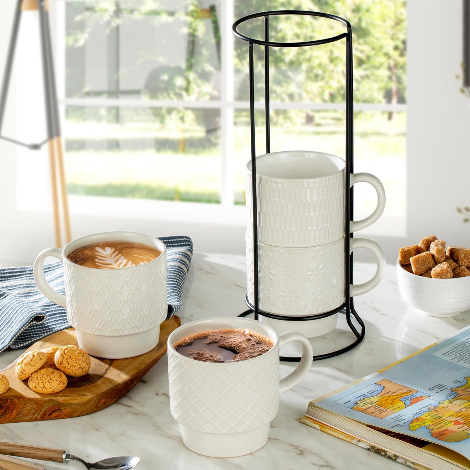 Signature Housewares Stackable Coffee Mug Tower Set with Metal Wire Rack - 15 Ounce Coffee Mugs for Coffee, Tea, Cocoa, Milk, Cappuccino, Hot Chocolate Set of 4 - White Glazed Ceramic