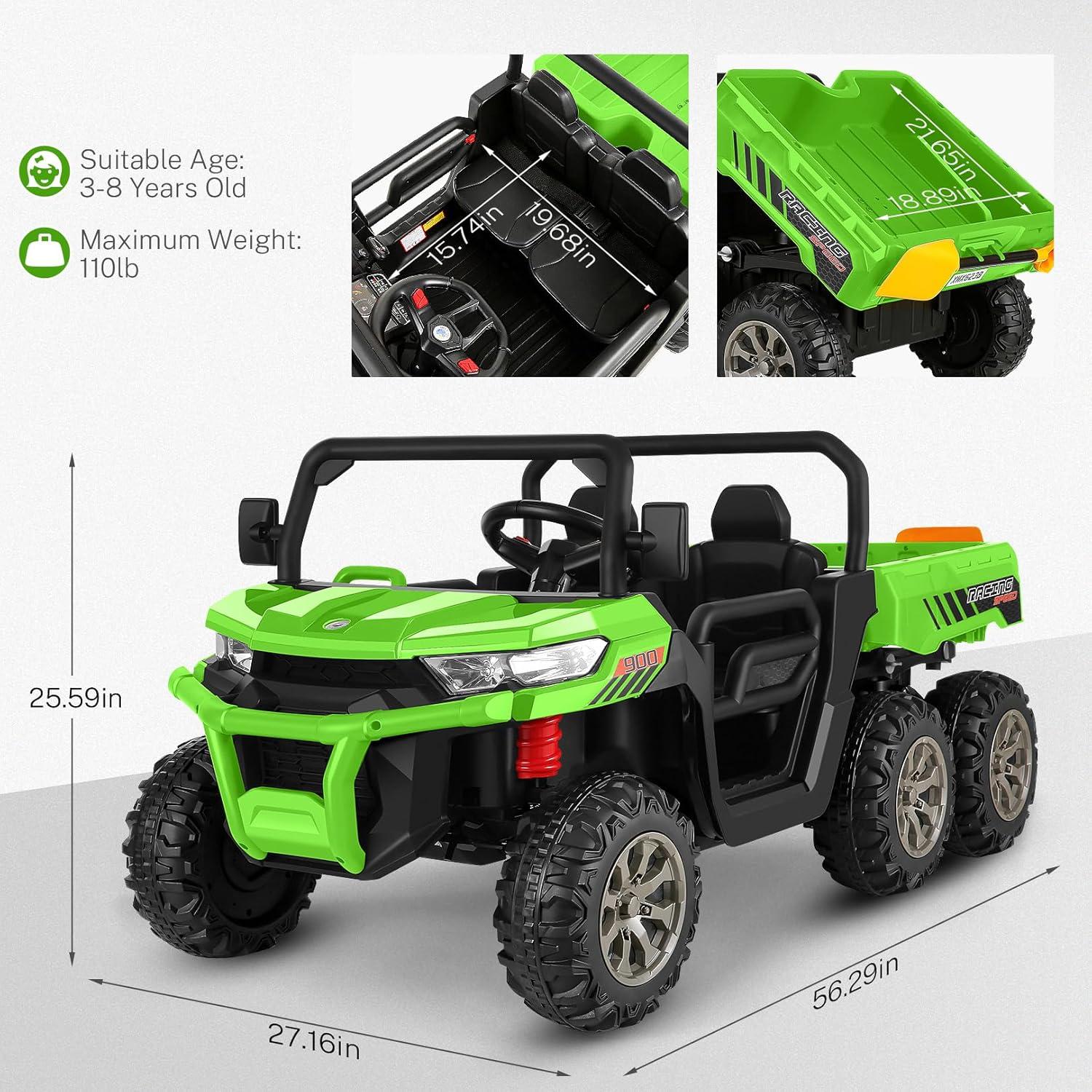 24V Ride on UTV Car, 2 Seater Kids Electric Powered Ride on Toys Dump Truck with Trailer Remote Control, Green