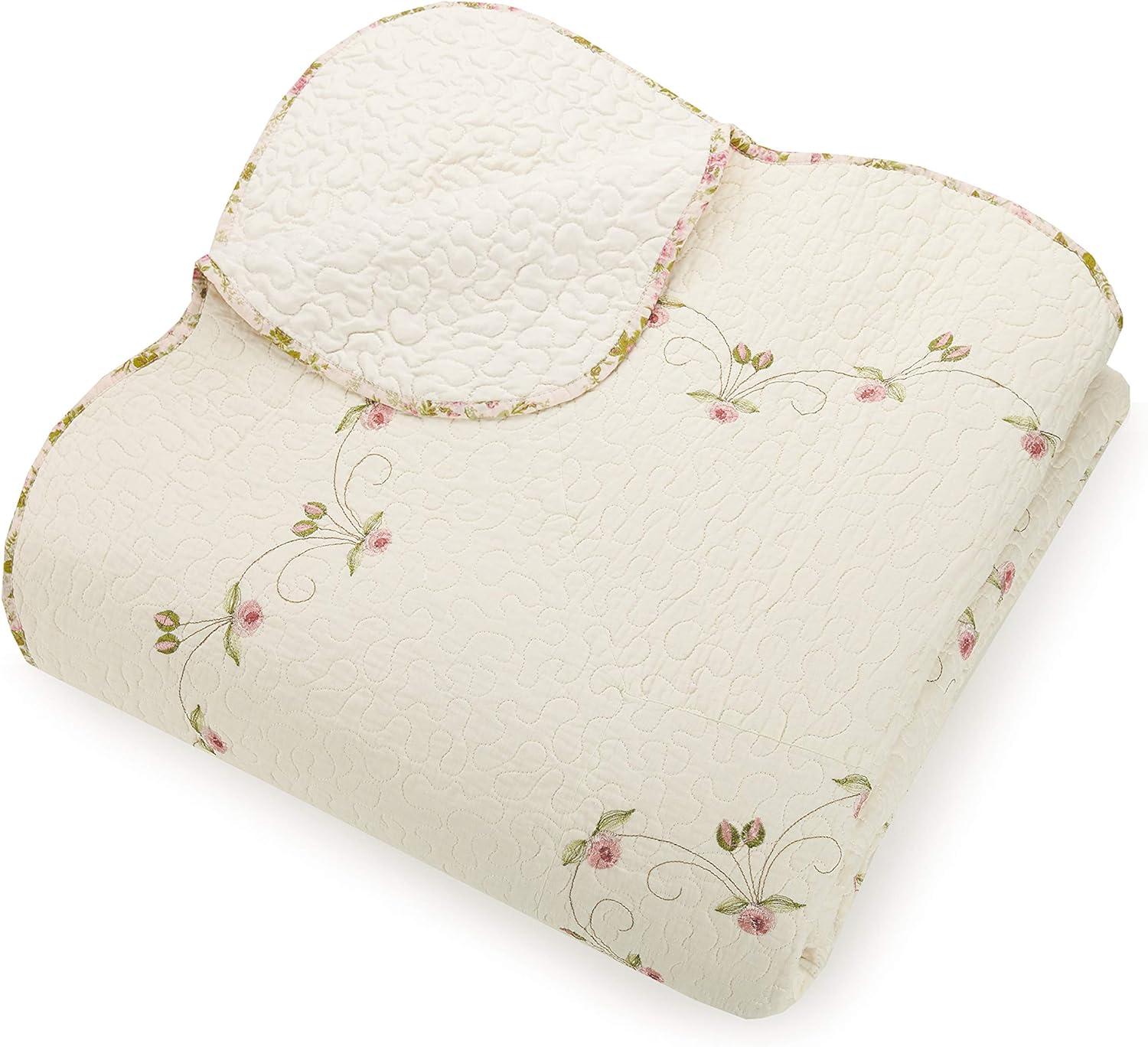 King Pink Cotton Embroidered Quilt Set with Floral Pattern