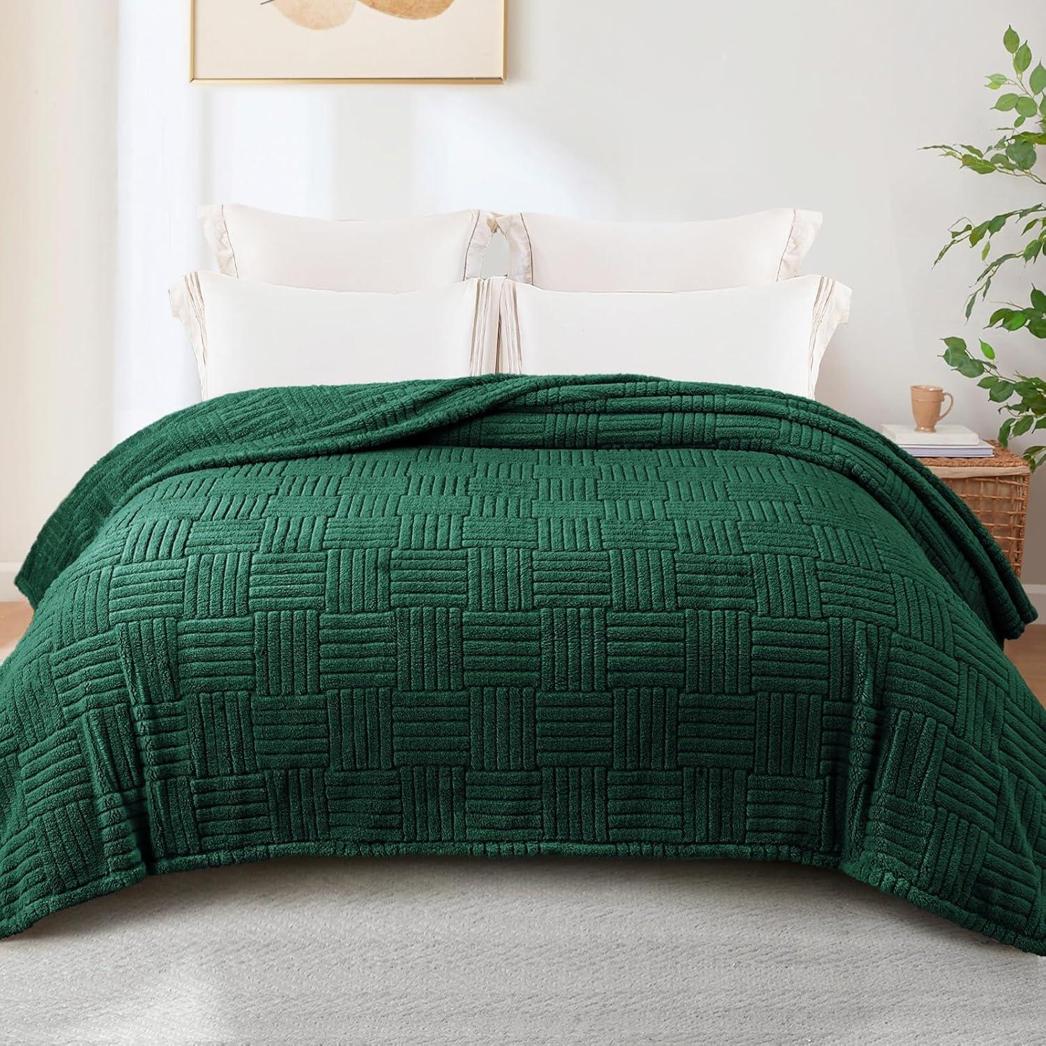 Whale Flotilla Flannel Fleece Queen Size(90x90 Inch) Lightweight Bed Blanket, Soft Velvet Bedspread Plush Fluffy Coverlet Palm Leaf Design Decorative Blanket for All Seasons, Dark Green…