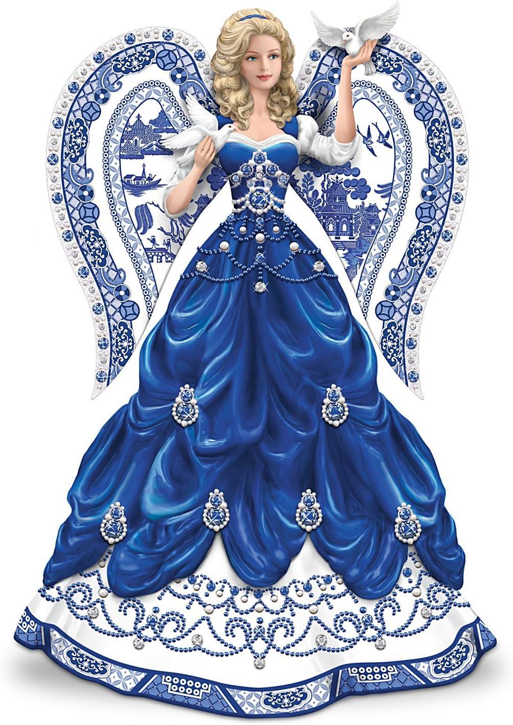 Blue Willow China Inspired Angel Figurine with Crystals