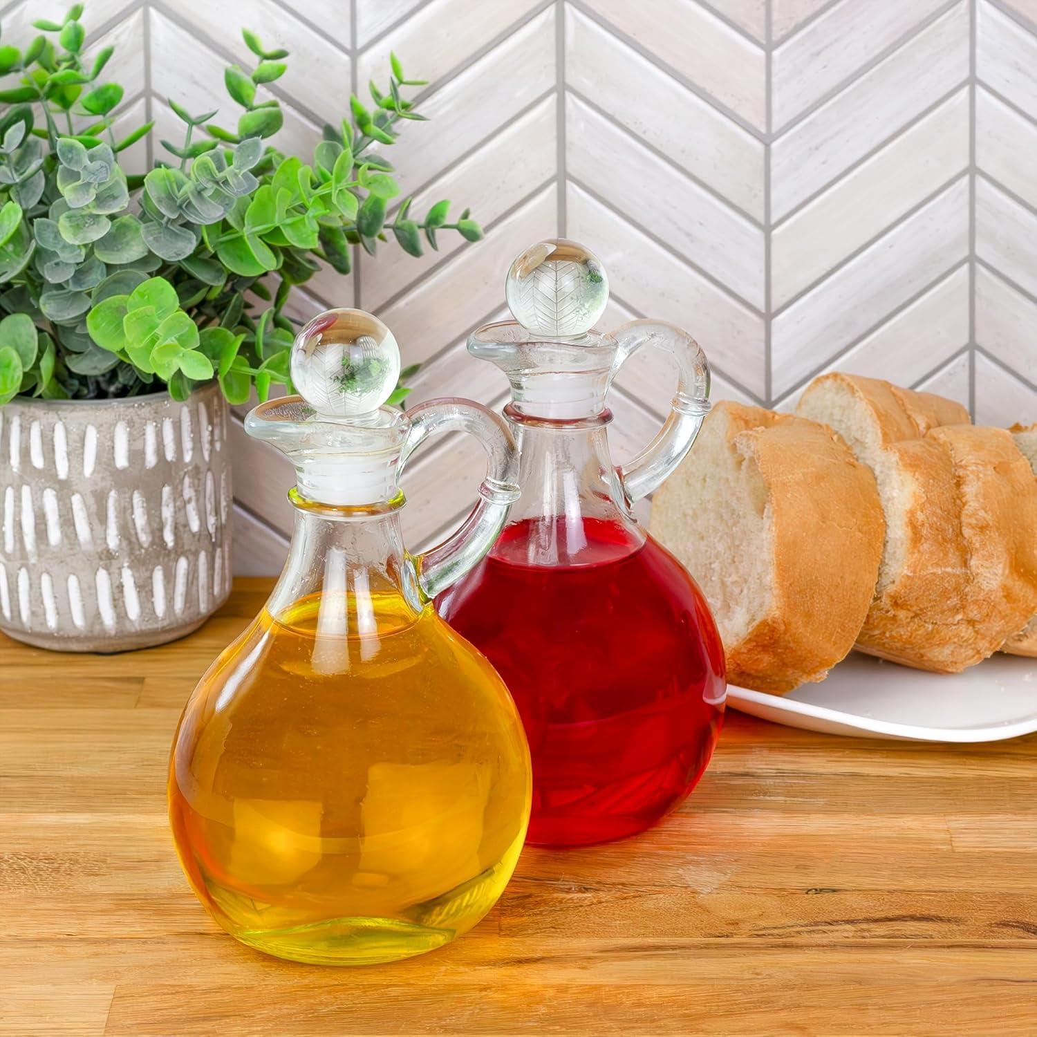 Cornucopia Brands 8oz Glass Oil and Vinegar Cruets (Set of 2); Round Oil Dispensers / Salad Dressing Bottles w/ Stoppers