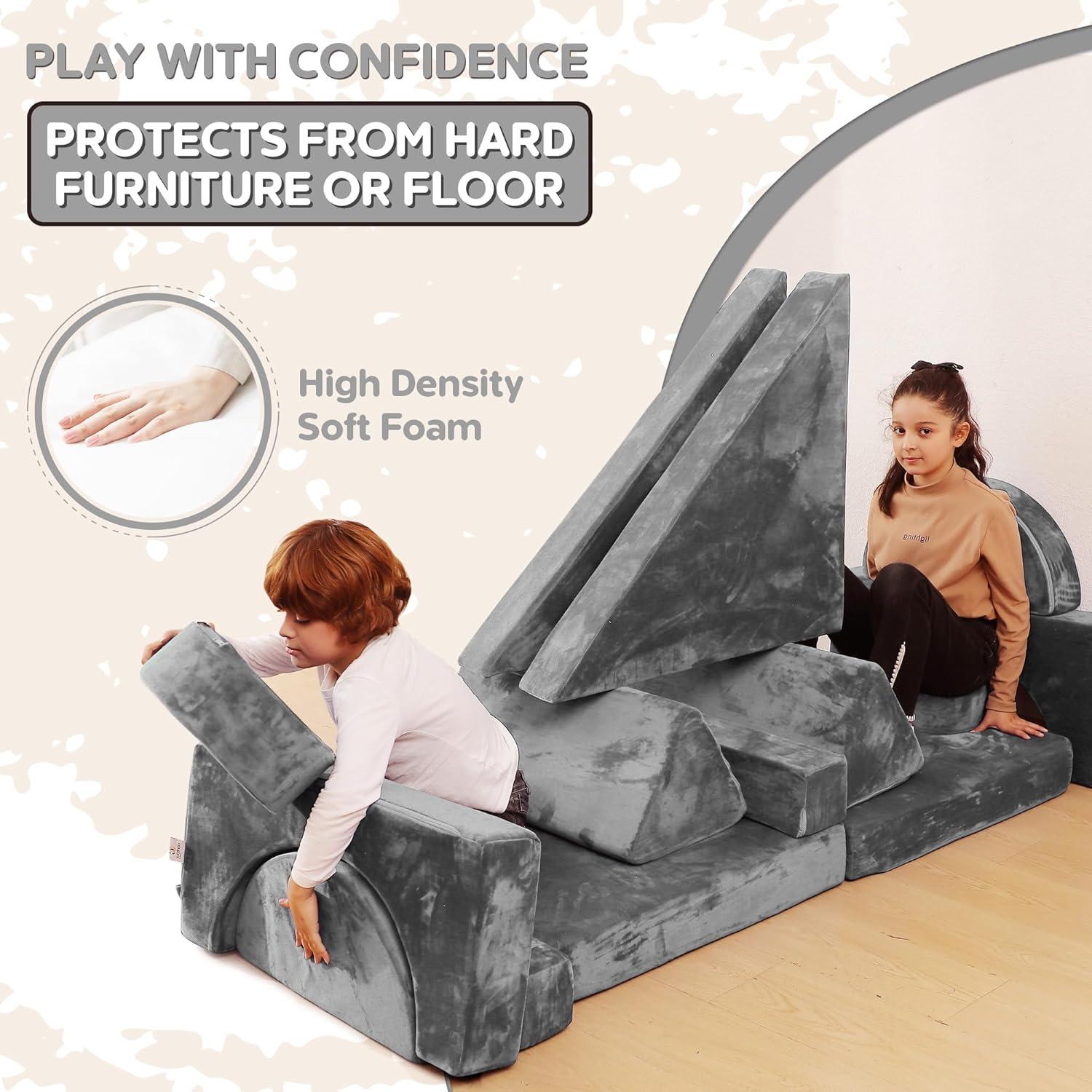 Contour Comfort Kids Couch 14 PC Modular Kids Play Set – Convertible Kids Sofa with Soft Foam Cushions | Kids Fort Couch, Kid Play Room Furniture-Grey