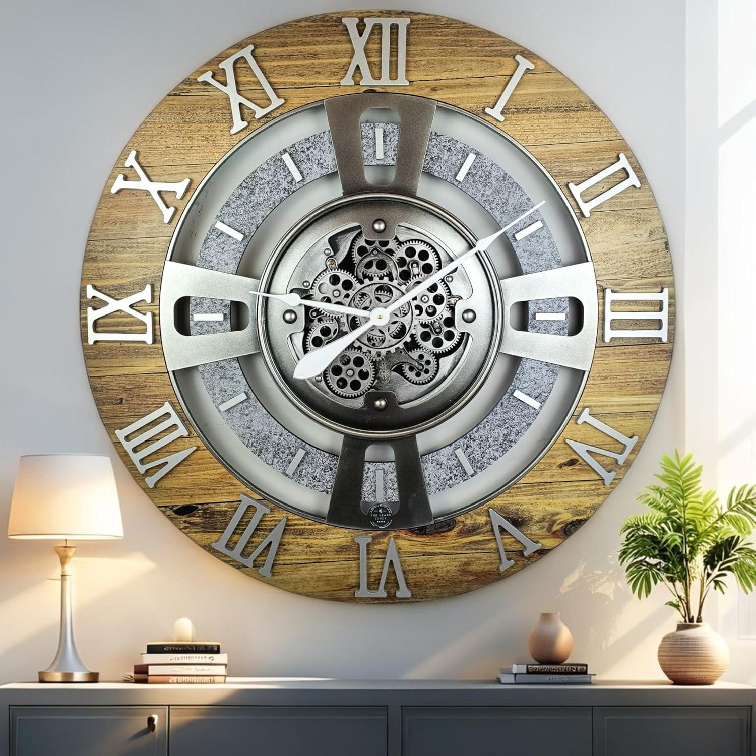 The Gears Clock Wall Clock 36" Oversized for Living Room decor with Real Moving Gears England Collection
