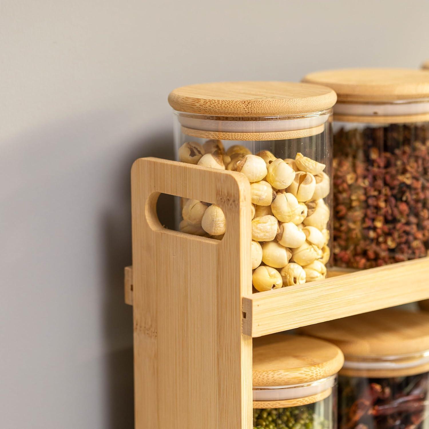 Rebrilliant Rebrilliant Versatile 3-tier Bamboo Spice Rack And Pantry Organizer With 9 Glass Jars – Perfect For Countertop Storage In Kitchens To Keep Seasoning Containers Neatly Displayed And Easily Accessible