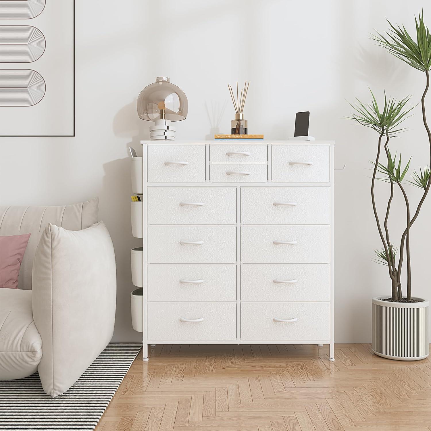 Lulive Dresser for Bedroom with 12 Drawers, Tall Dresser Chest of Drawers with Side Pockets and Hooks, Fabric Dresser Storage Tower for Closet, Hallway, Living Room (White)