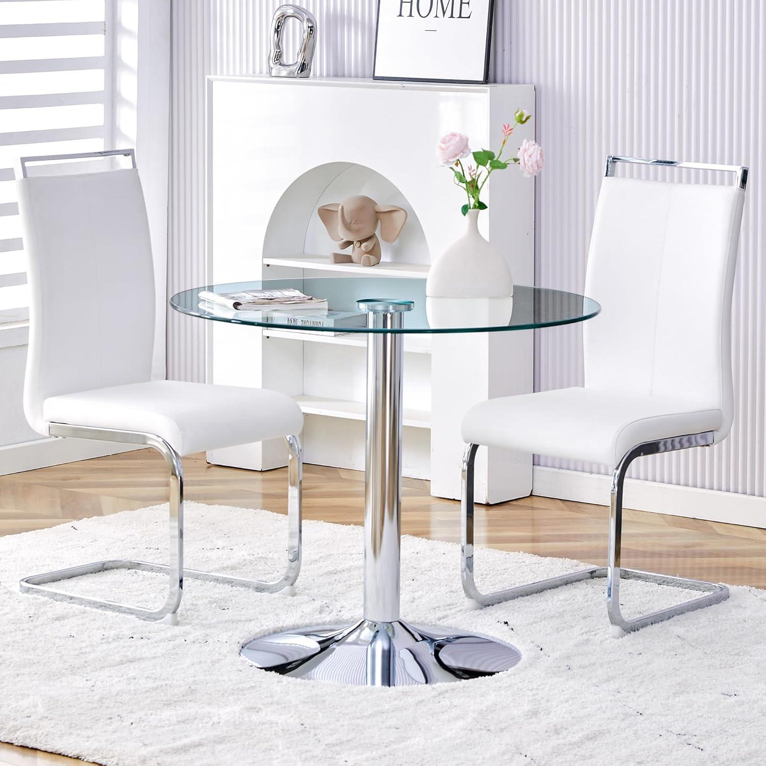 35" Round Glass Dining Table with Silver Metal Base