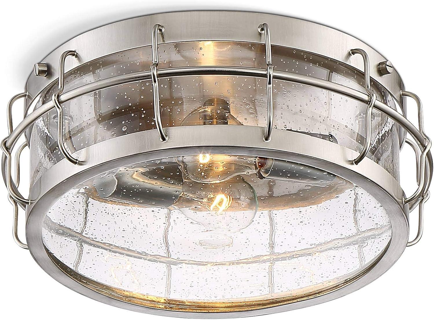 Possini Euro Design Aya Modern Industrial Ceiling Light Flush Mount Fixture 13 1/4" Wide Satin Nickel 2-Light Cage Clear Seeded Glass for Bedroom Home