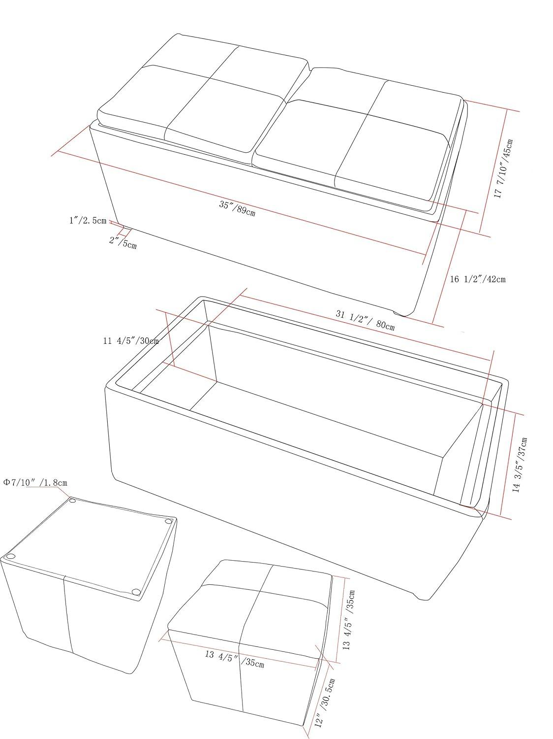Simpli Home Avalon 35"W Upholstered Storage Ottoman Set with 5 Pieces and Flip-Over Serving Tray Lids