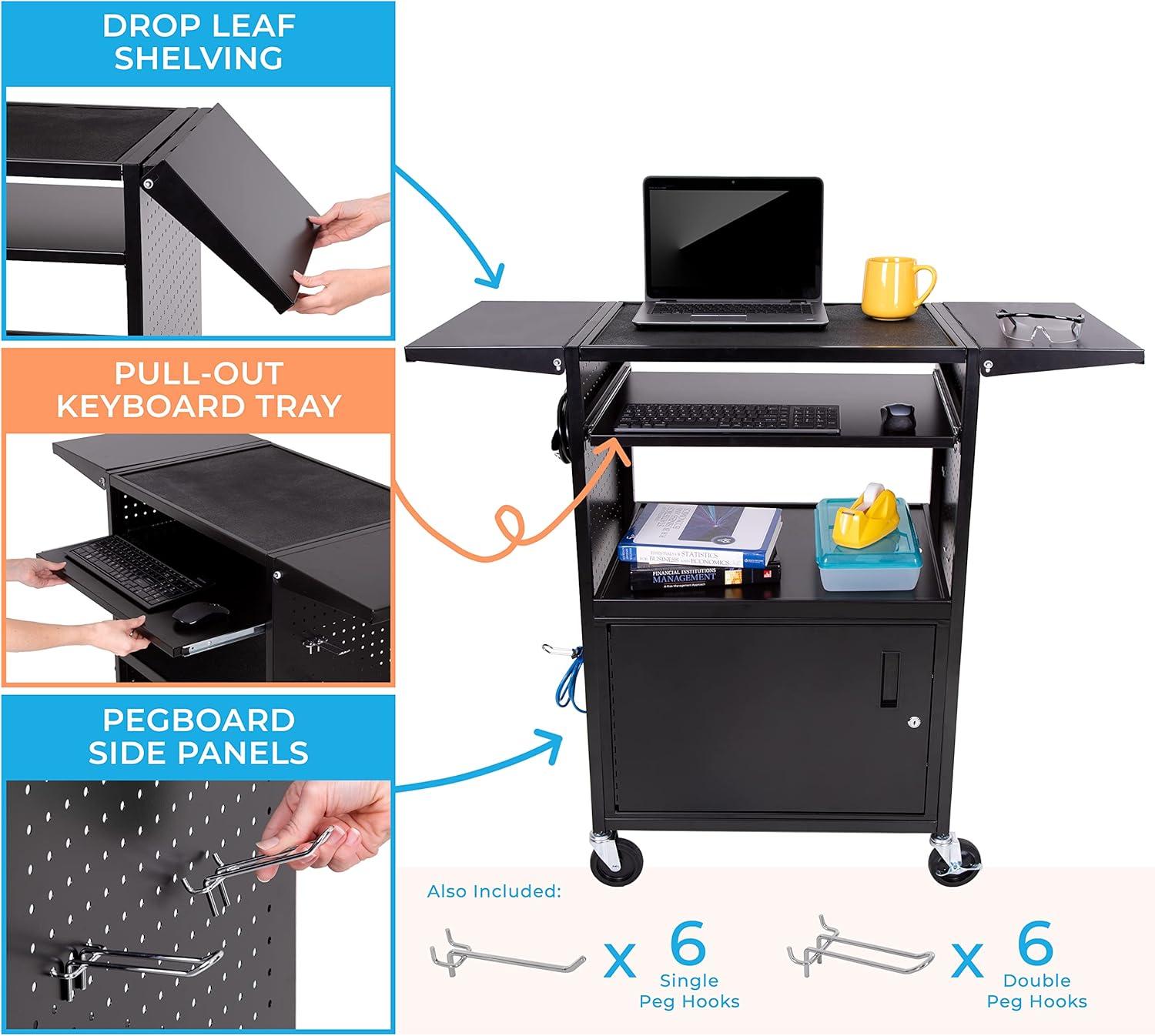 Line Leader Stellar AV Cart / Carro para Computadora con Guarnición de Tablero Perforado y 12 Ganchos para Almacenamiento/armario de Bloqueo Personalizable y Bandeja para Teclado Extraíble / Tomas de Corriente Certificadas de Seguridad UL / Ruedas de Bloqueo