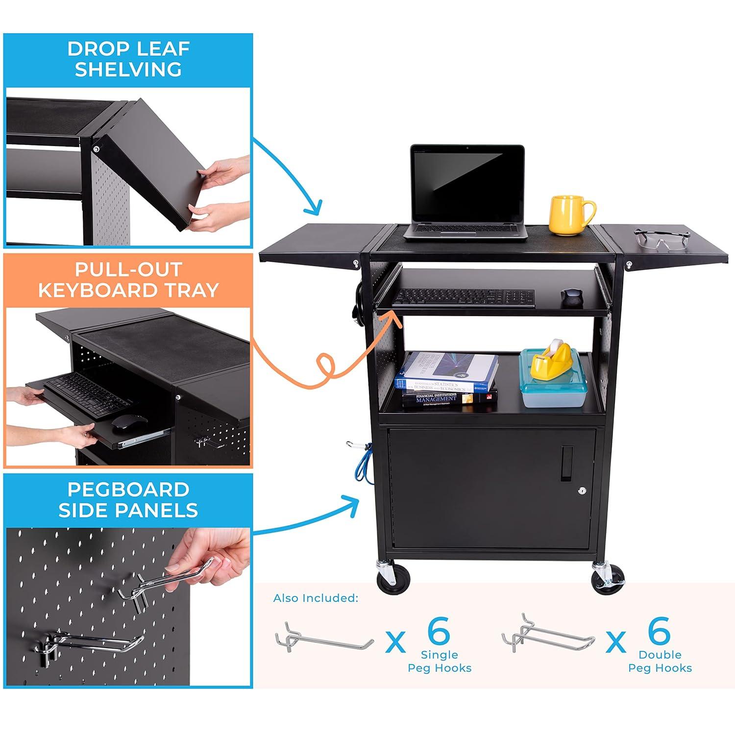 Line Leader Stellar AV Cart / Carro para Computadora con Guarnición de Tablero Perforado y 12 Ganchos para Almacenamiento/armario de Bloqueo Personalizable y Bandeja para Teclado Extraíble / Tomas de Corriente Certificadas de Seguridad UL / Ruedas de Bloqueo