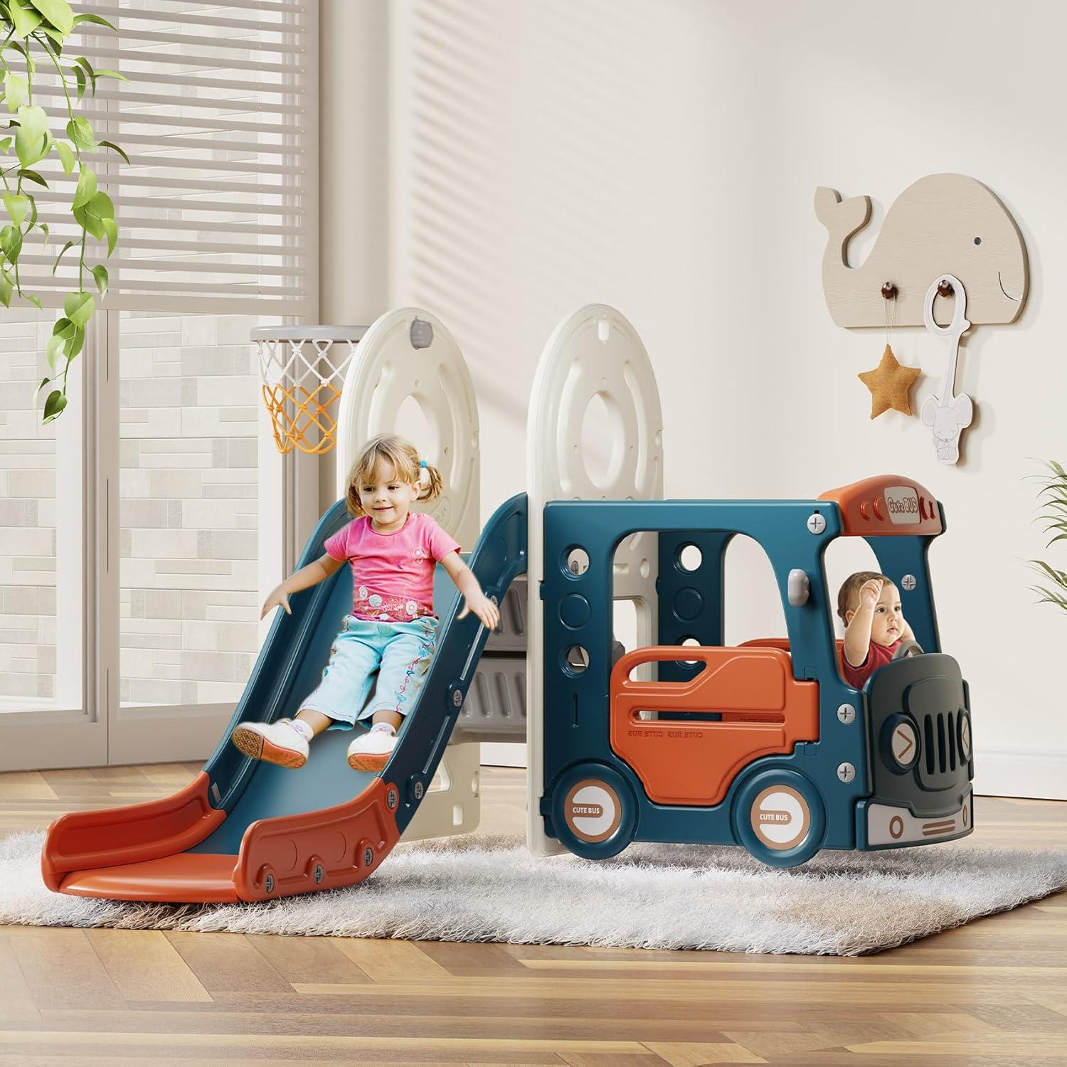 Suteck 4 in 1 Toddler Slide, Kids Slide with Climber and Bus Playhouse Outdoor Indoor Slide Playset