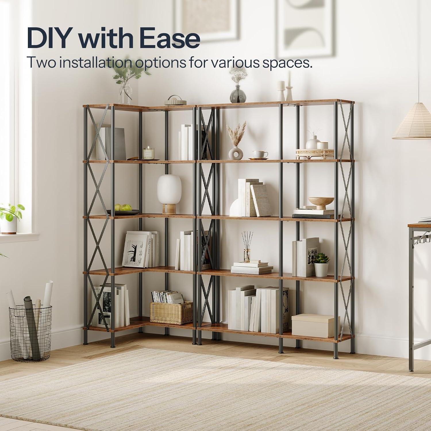 HOOBRO Corner Bookshelf, 5-Tier L-Shaped Bookcase, Industrial Open Display Shelf Tall Storage Organizer, Vertical Storage Rack, for Living Room, Home Office, Black BB60SJ01