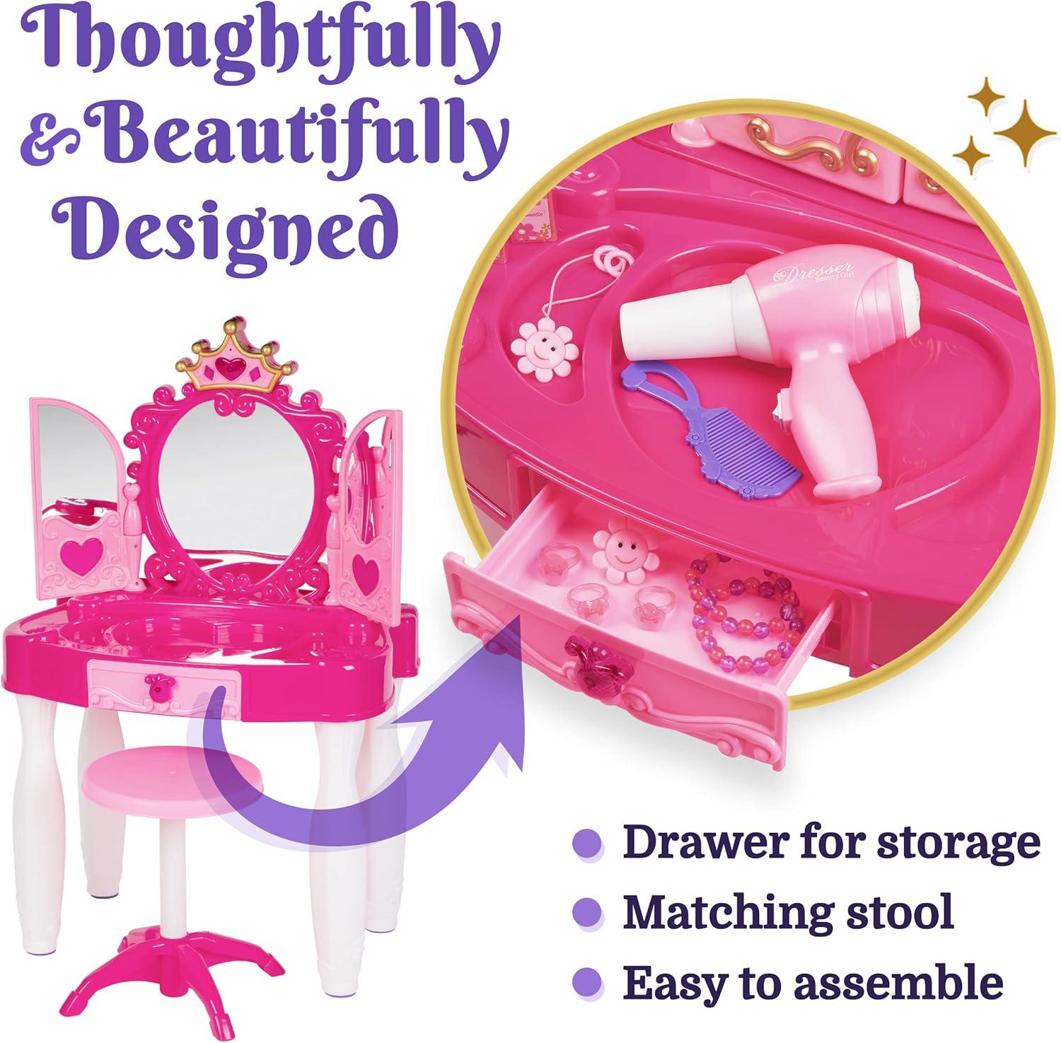 PREXTEX Kids Makeup Table with Mirror and Chair Princess Play Set, with Light and Sound Effects