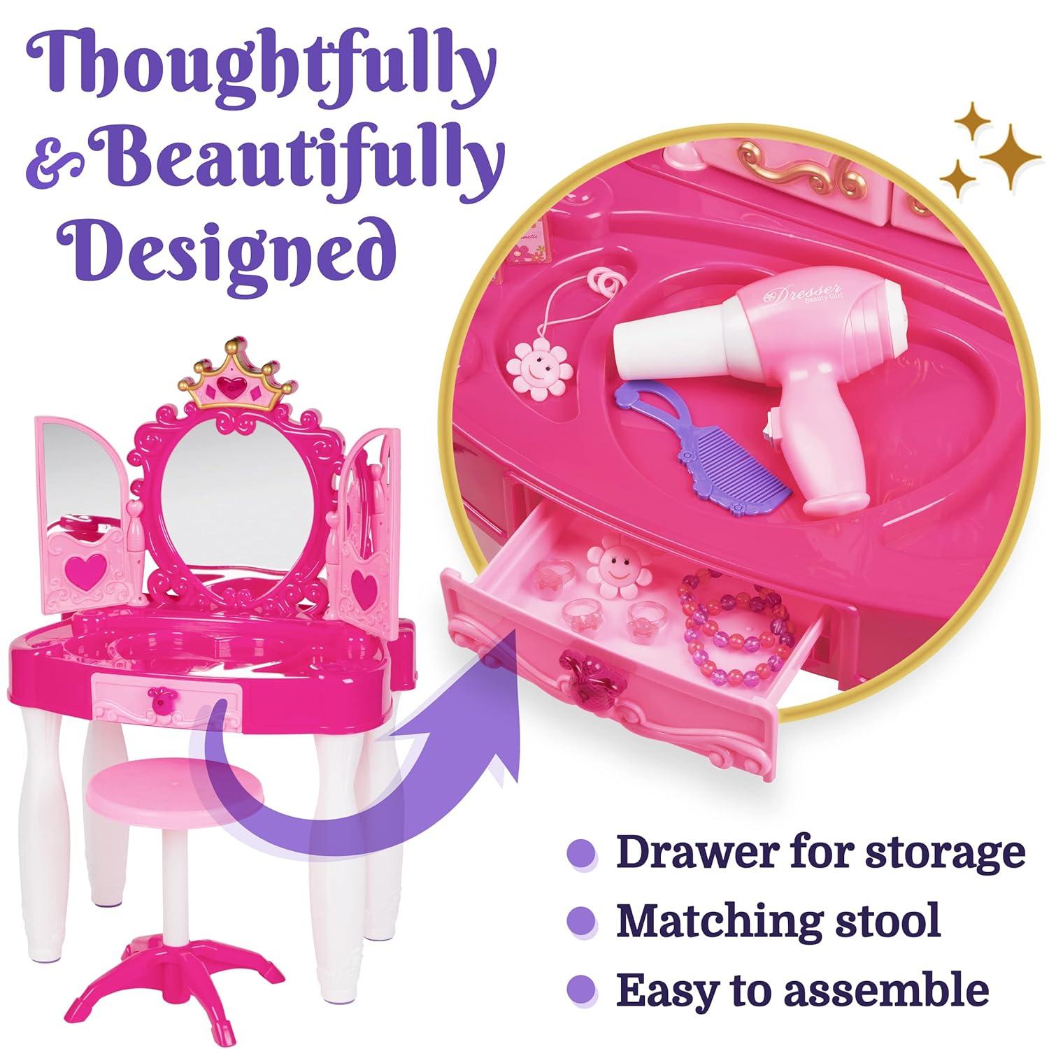 PREXTEX Kids Makeup Table with Mirror and Chair Princess Play Set, with Light and Sound Effects