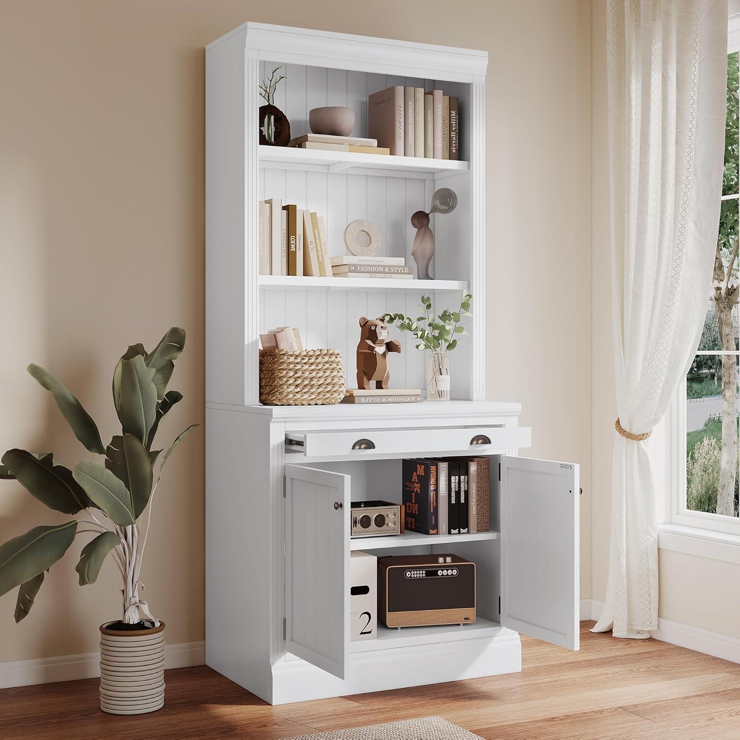 White Solid Wood Tall Bookcase with Doors and Drawer