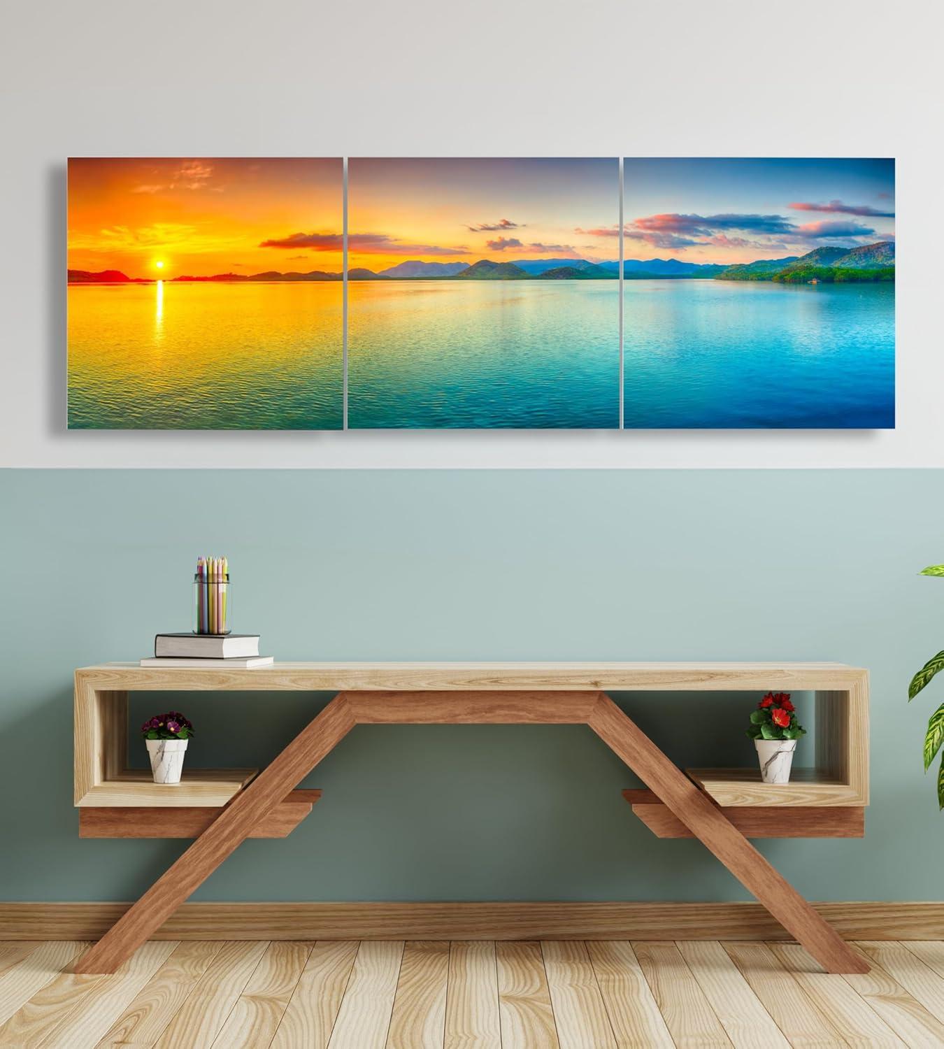 Split Canvas Wall Art Decor - Large Panoramic Sunset Ocean Wall Art, 3 Panels Hanging Canvas Art Set - Decorative Wall Art Prints for Living Room, Bedroom, Office, Home Decor, Gift, 24x72 Inch